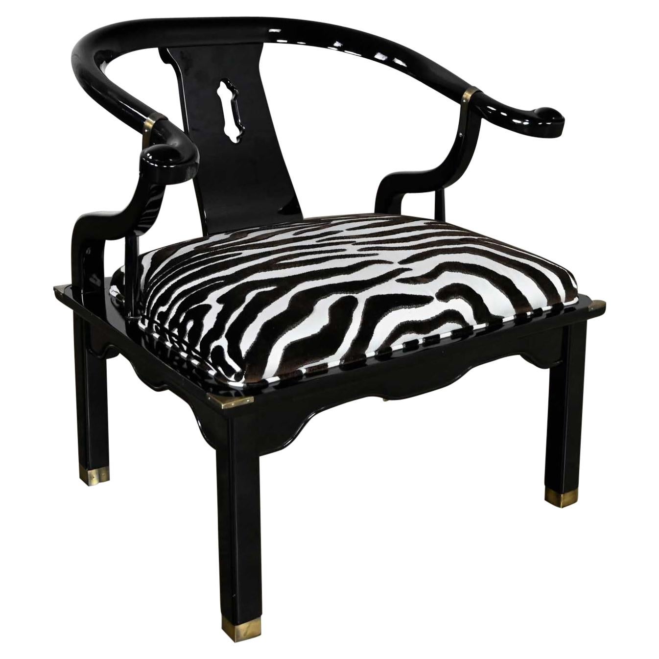 Ming Style Black Lacquer & Brass Low Chair After James Mont Scalamandre Zebra 