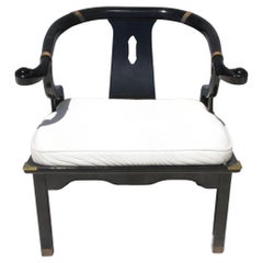 Ming Style Black Lacquered Horseshoe Back Lounge Chair