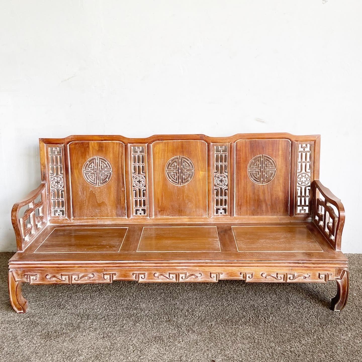 Ming Style Carved Wooden Sofa/Bench With Arm Chair For Sale 8