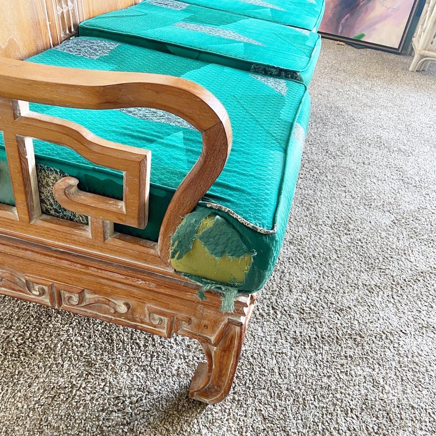 Ming Style Carved Wooden Sofa/Bench With Arm Chair In Good Condition For Sale In Delray Beach, FL