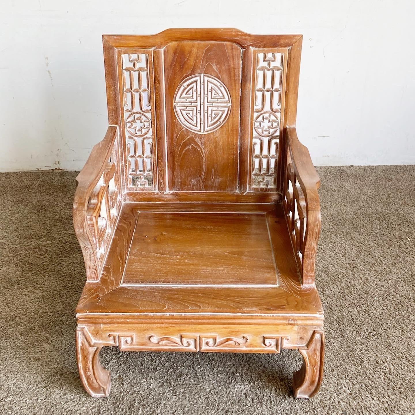 Ming Style Carved Wooden Sofa/Bench With Arm Chair For Sale 3