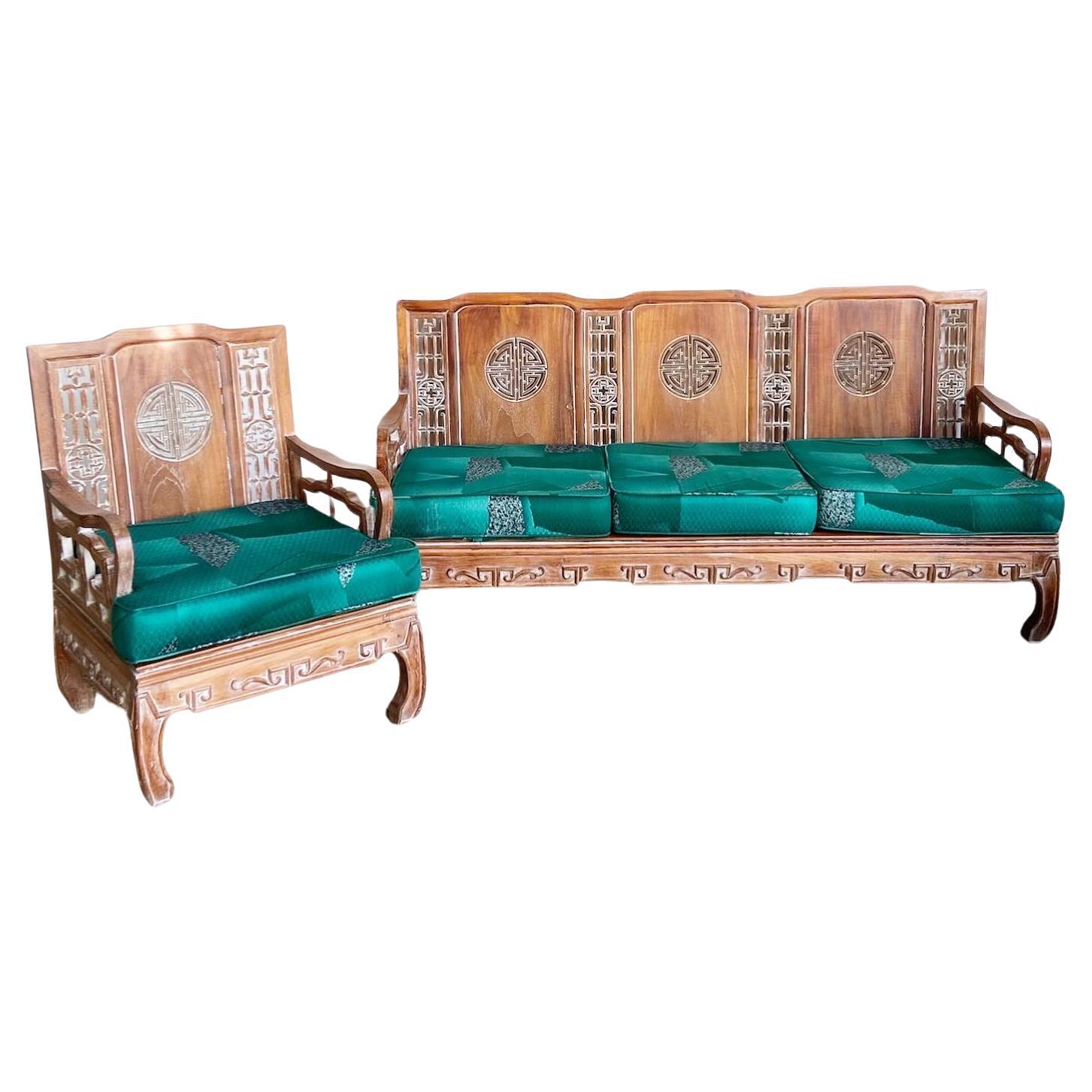Ming Style Carved Wooden Sofa/Bench With Arm Chair For Sale