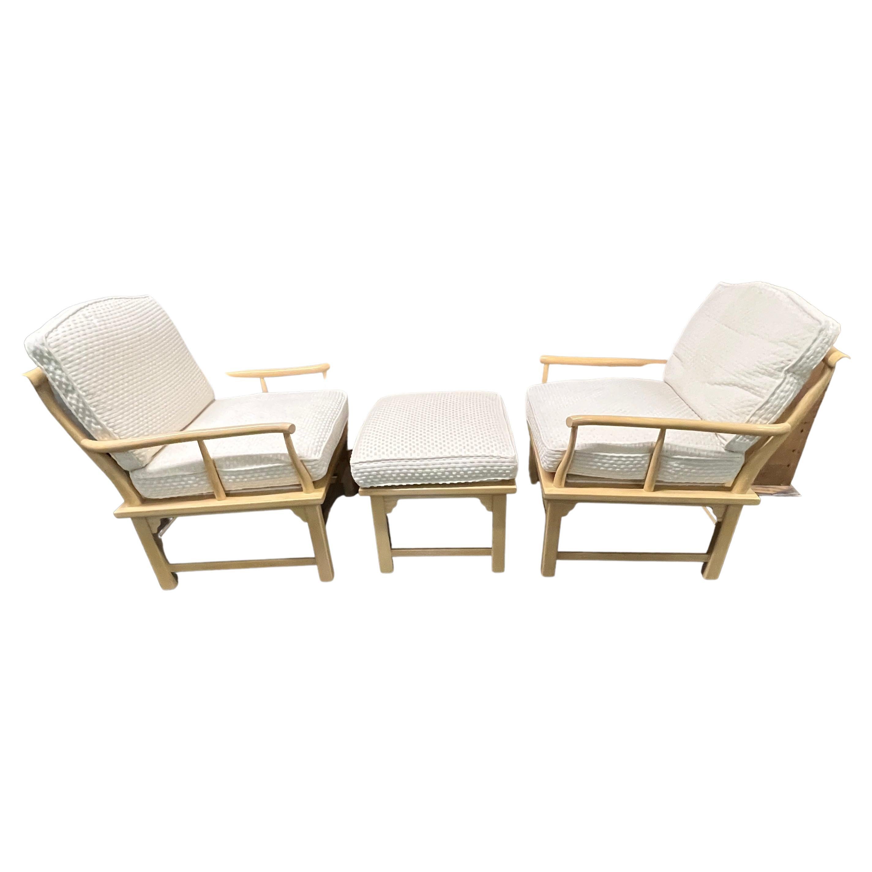 Ming Style Chairs with Upholstered Cushions and Ottoman by Century Chair