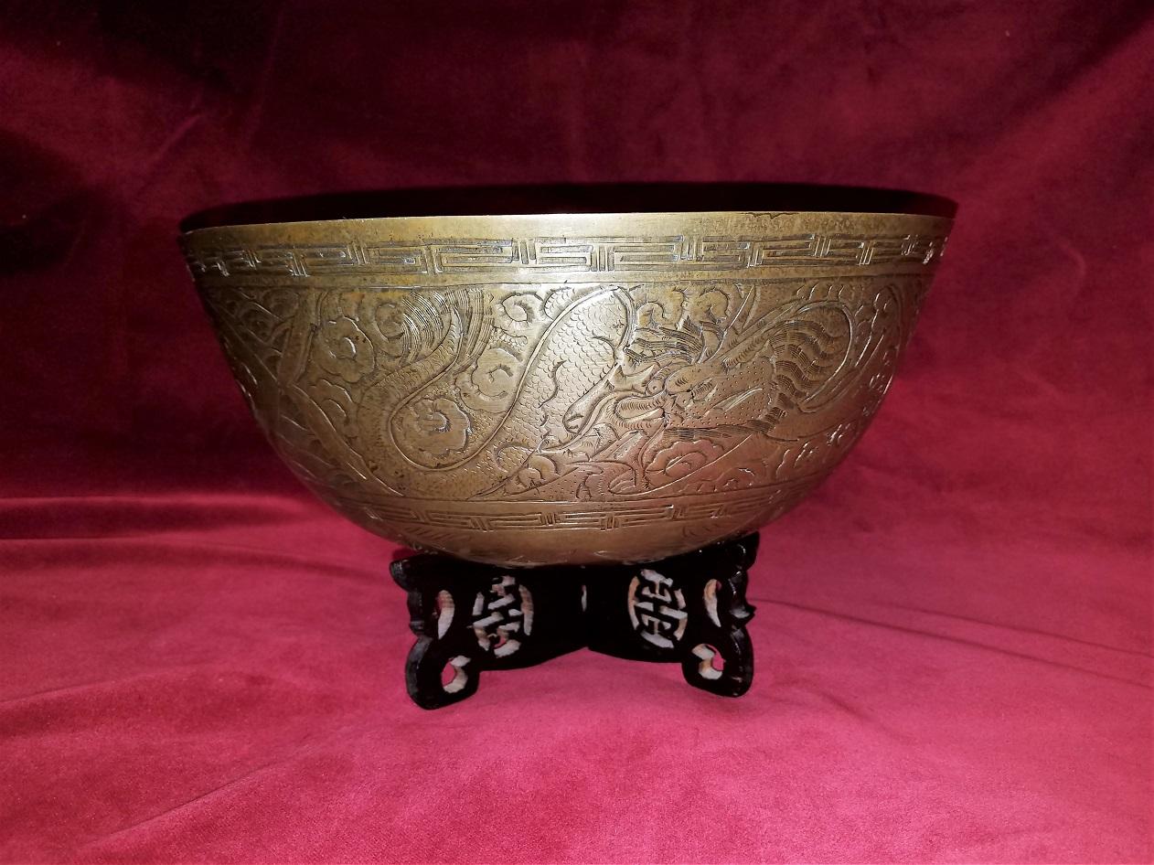 Ming Style Chinese Bronze Bowl on Stand 6