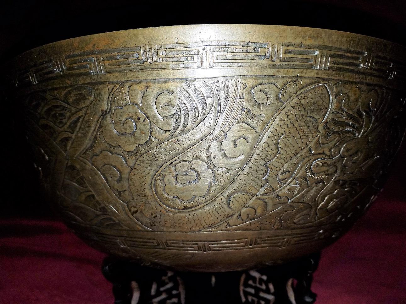 Hand-Crafted Ming Style Chinese Bronze Bowl on Stand