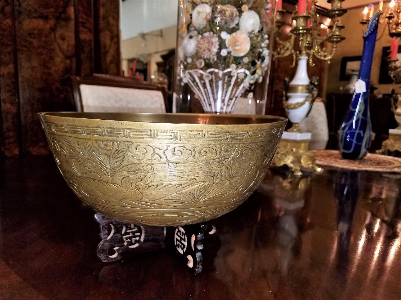 Ming Style Chinese Bronze Bowl on Stand In Good Condition In Dallas, TX