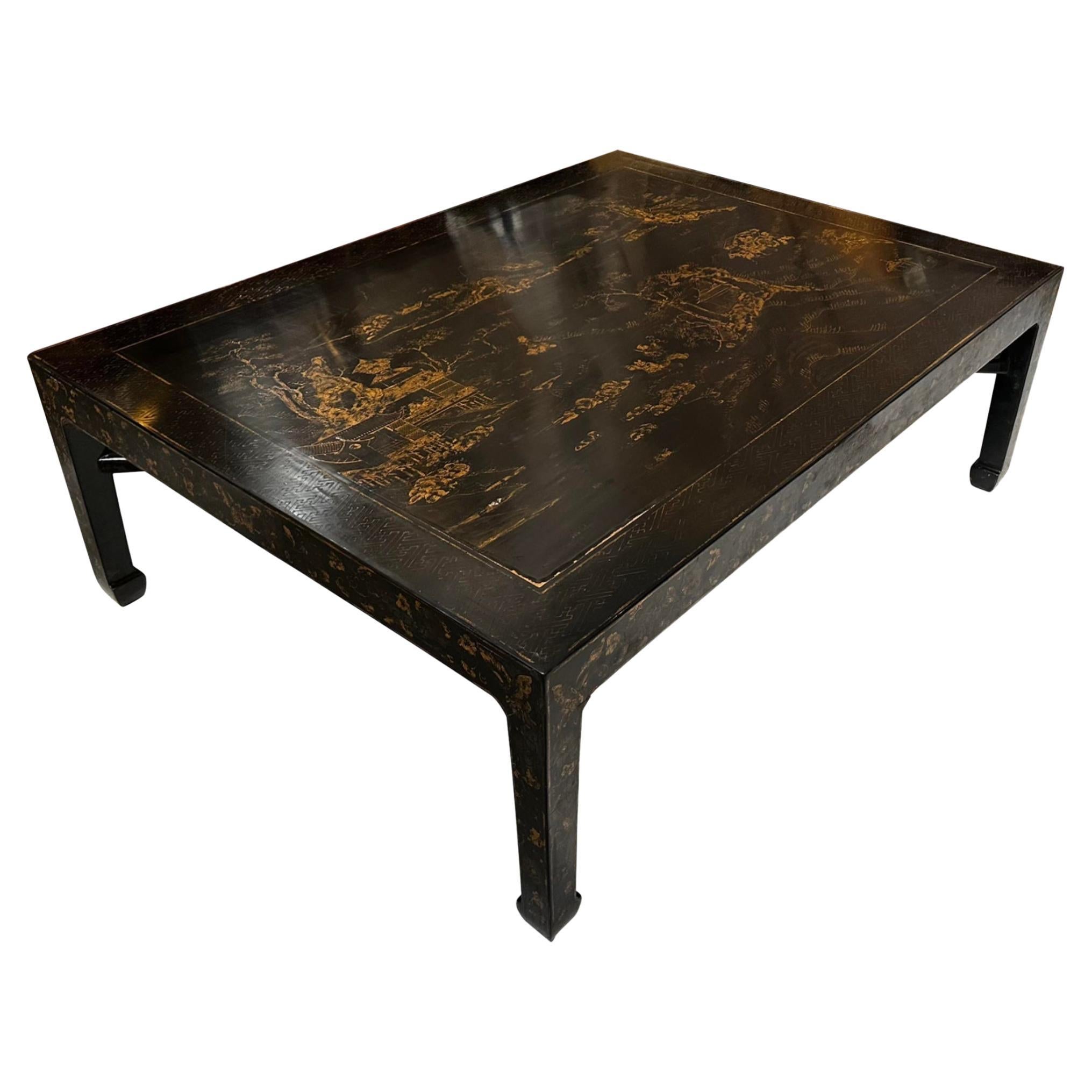 Ming Style Chinoiserie Black and Gold Cocktail Coffee Table For Sale at