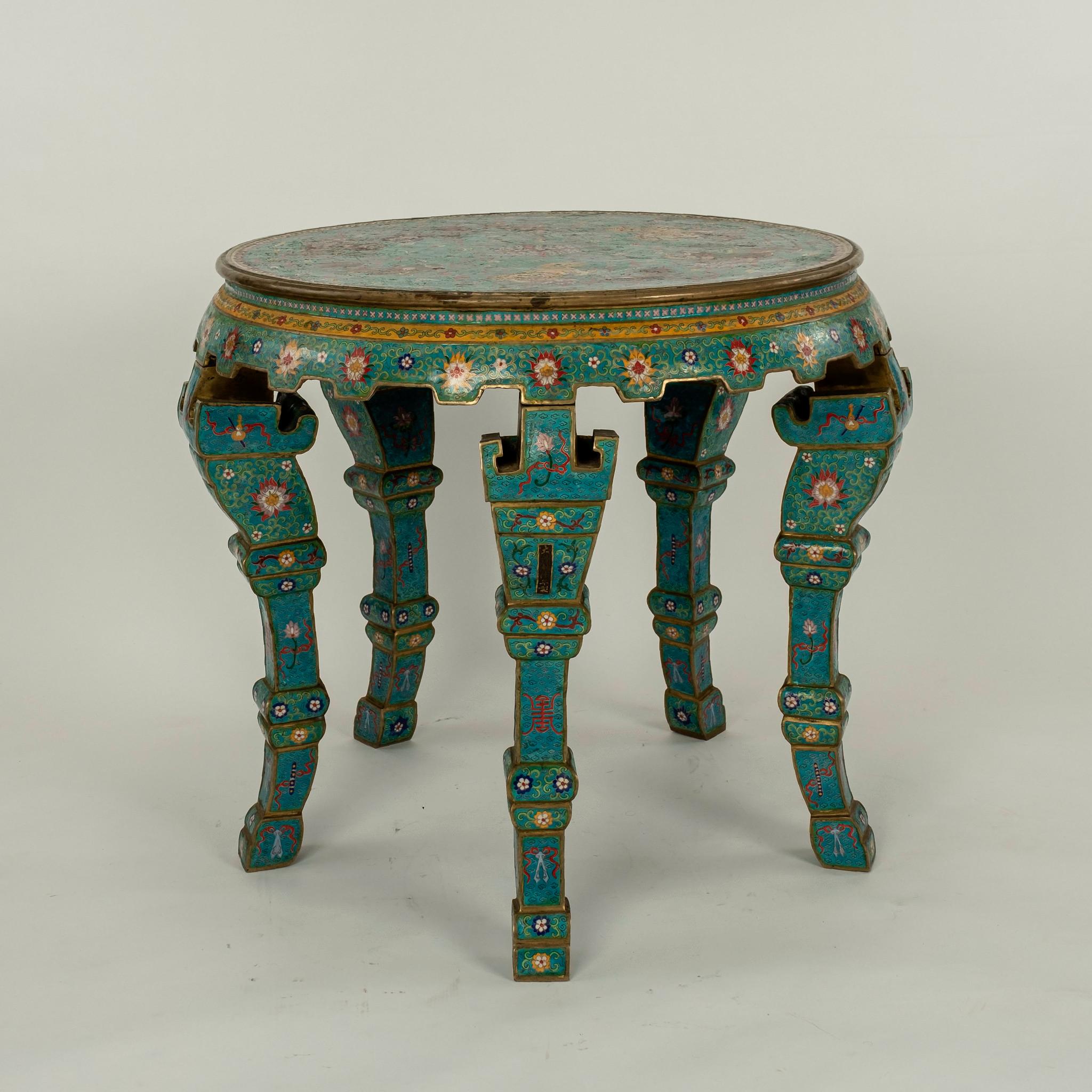 Early large 20th century bronze Qing style cloisonné center table. Thisl large form table features extraordinary workmanship with stunningly rare Imperial colors and is heavily decorated with auspicious symbolism including happiness characters, foo