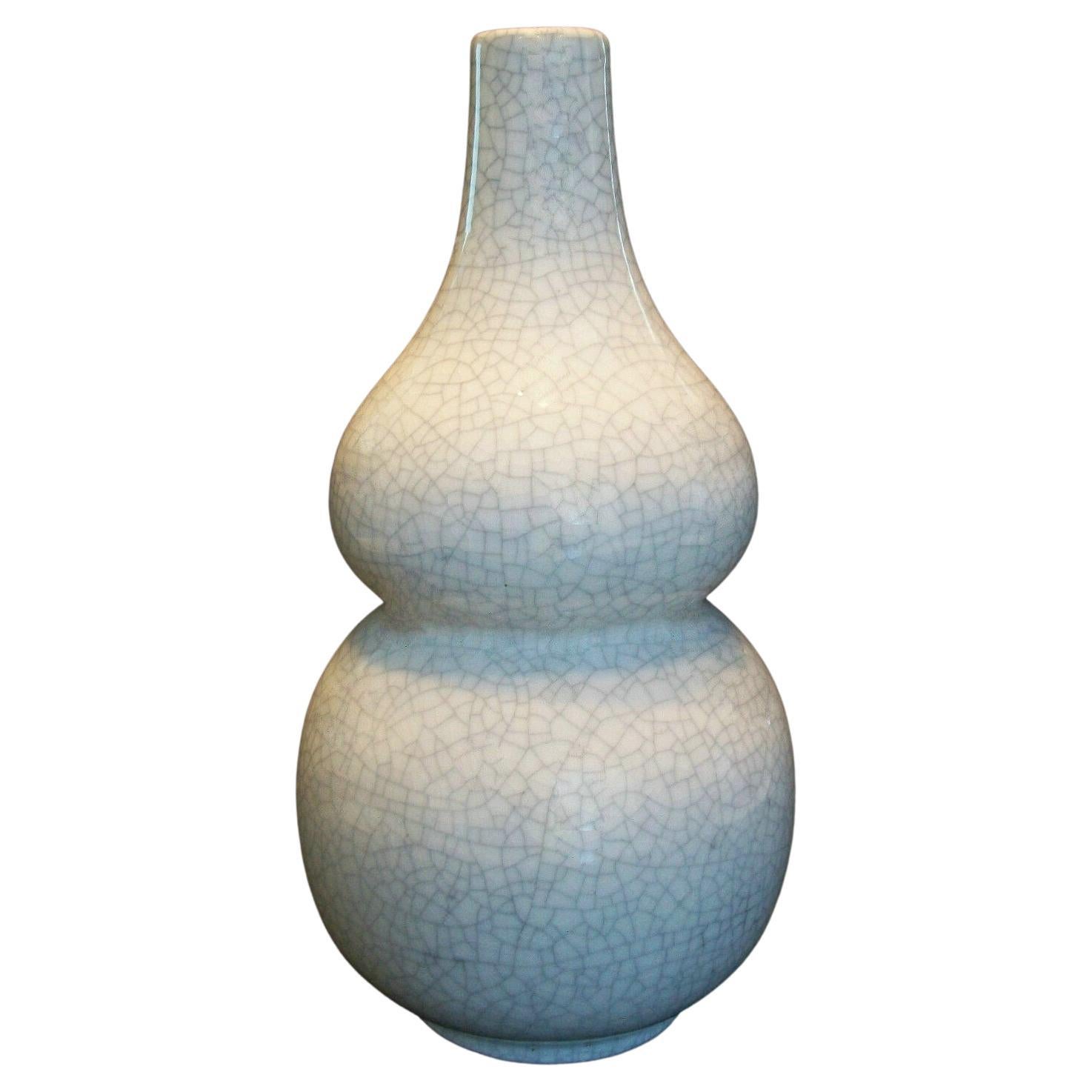 Vase en céramique de style Ming à double gourde émaillée craquelée - signé - milieu du 20e siècle