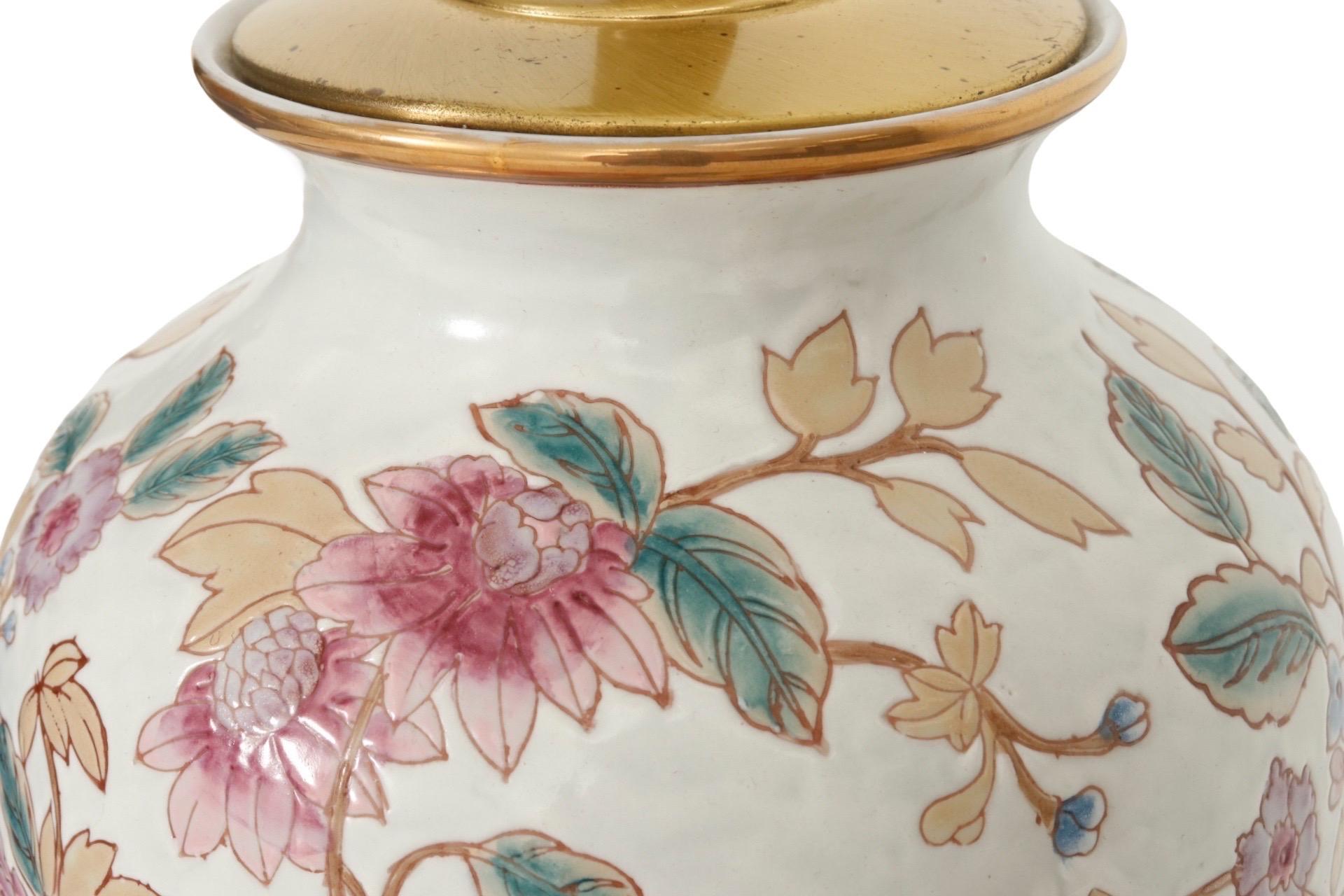 Brass Ming Style Floral Ceramic Table Lamps, a Pair For Sale