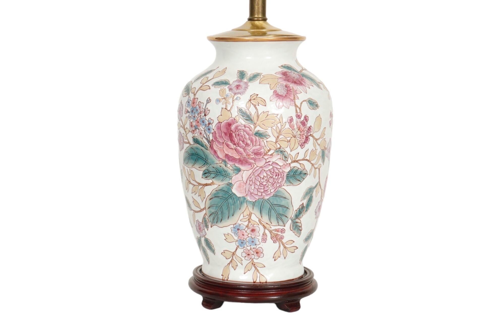 Brass Ming Style Floral Ceramic Table Lamps, a Pair For Sale
