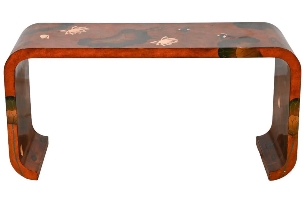 Ming Style Lotus Flowers Lacquered Console Table, 20th. Century. 5