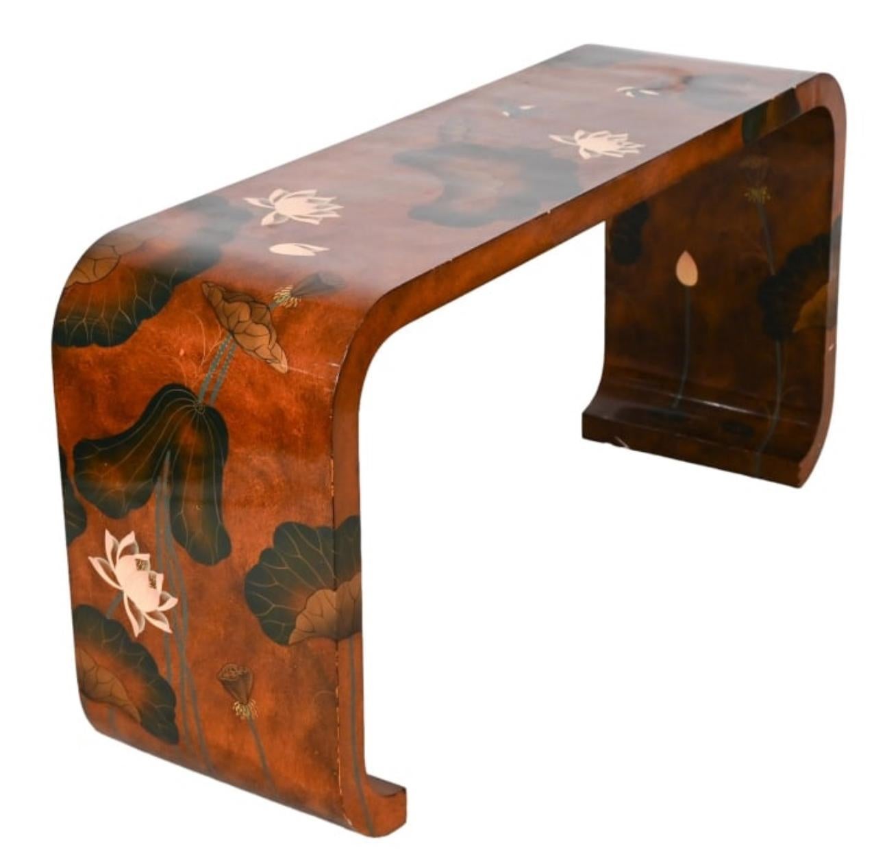 Just arrived this striking Ming Style Lotus Floral Lacquered Console Table, 20th. Century..The feral lacquer is on all sides inside and out.The design is Japanned and the style of the console table is Ming.
Very good vintage condition, consistent
