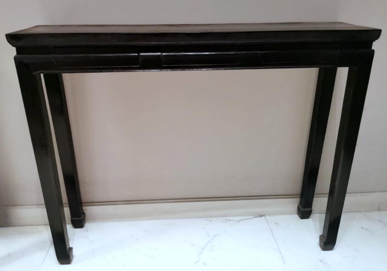 Ming Style Pair Of Chinese Lacquered Glossy Black Console Tables 4