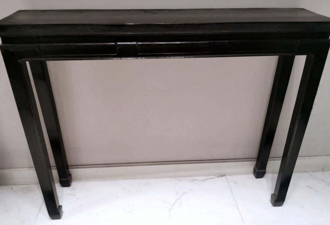 Ming Style Pair Of Chinese Lacquered Glossy Black Console Tables 5