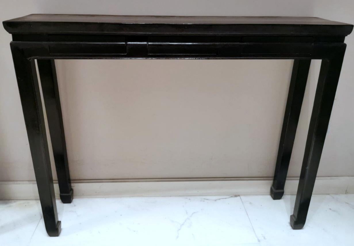 Ming Style Pair Of Chinese Lacquered Glossy Black Console Tables 6
