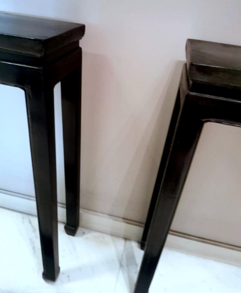 Ming Style Pair Of Chinese Lacquered Glossy Black Console Tables 11