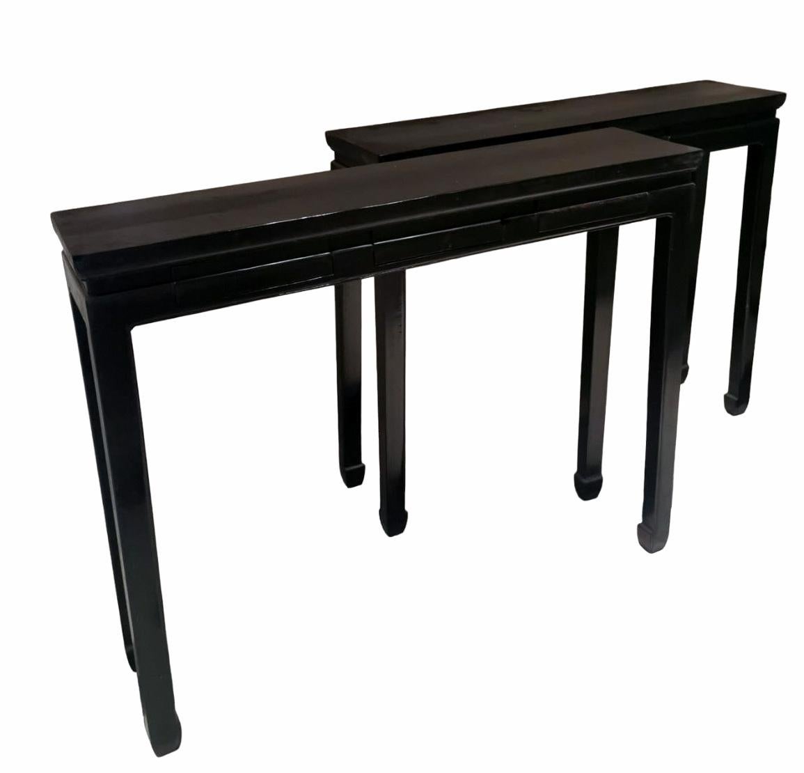 Chinese Export Ming Style Pair Of Chinese Lacquered Glossy Black Console Tables
