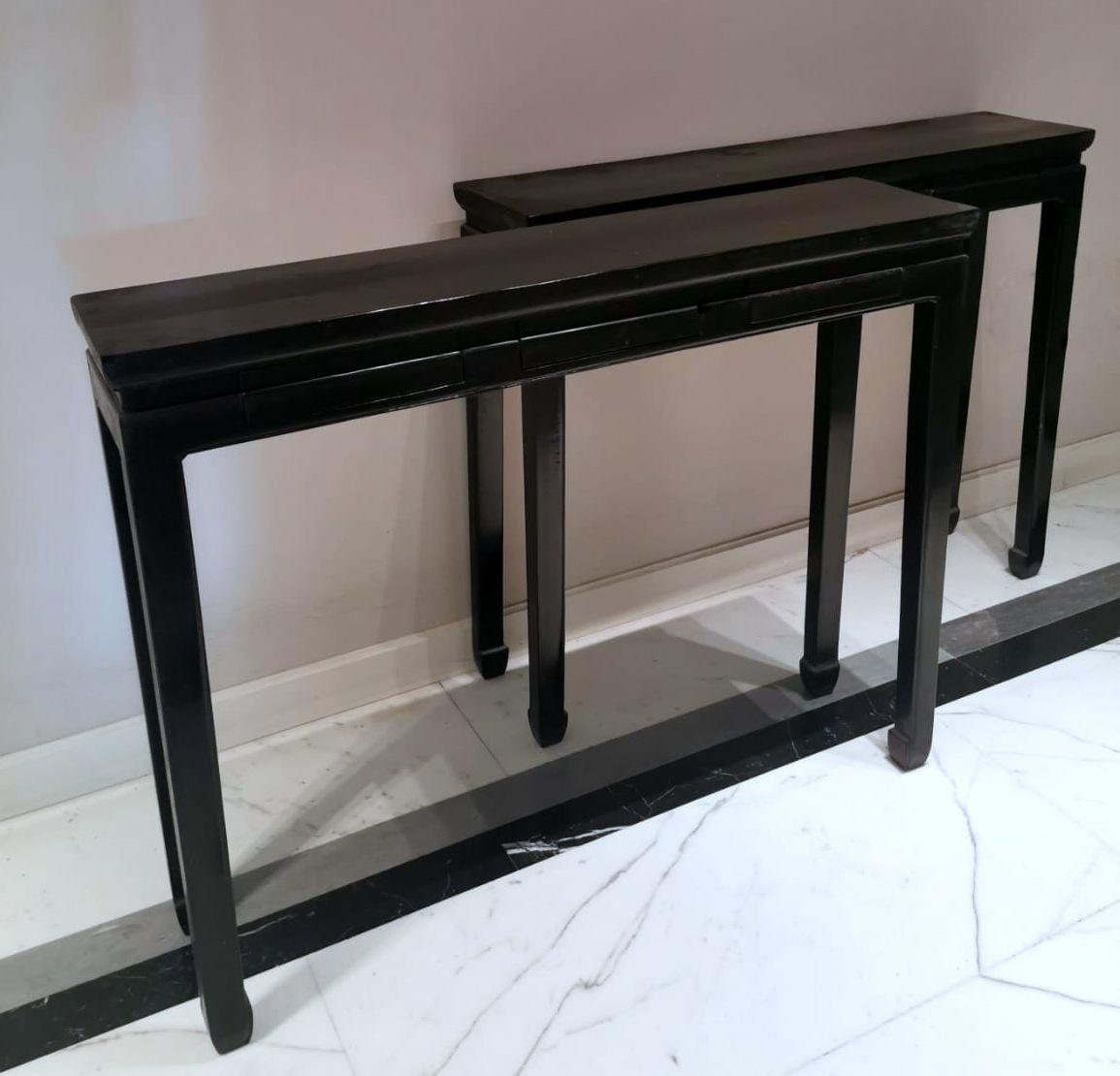 Elm Ming Style Pair Of Chinese Lacquered Glossy Black Console Tables