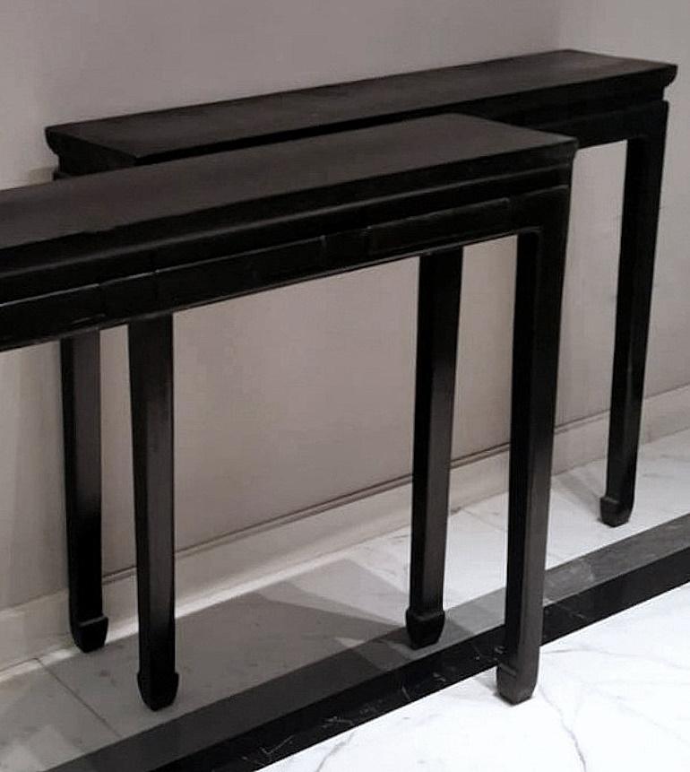 Ming Style Pair Of Chinese Lacquered Glossy Black Console Tables 2