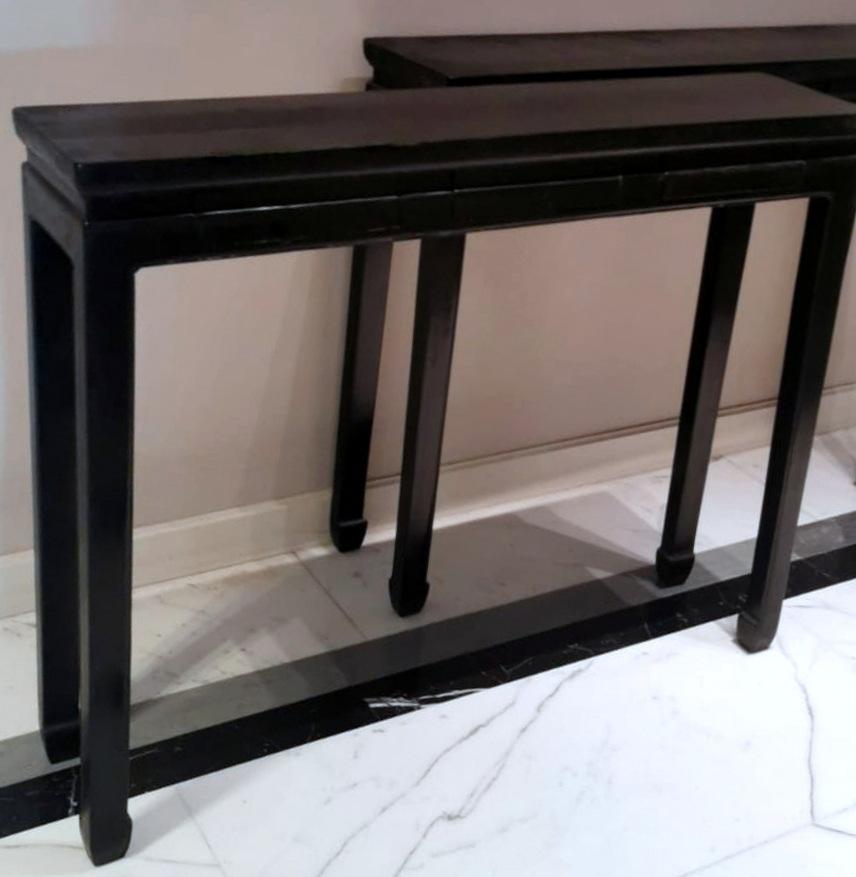 Ming Style Pair Of Chinese Lacquered Glossy Black Console Tables 3