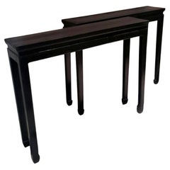 Vintage Ming Style Pair Of Chinese Lacquered Glossy Black Console Tables