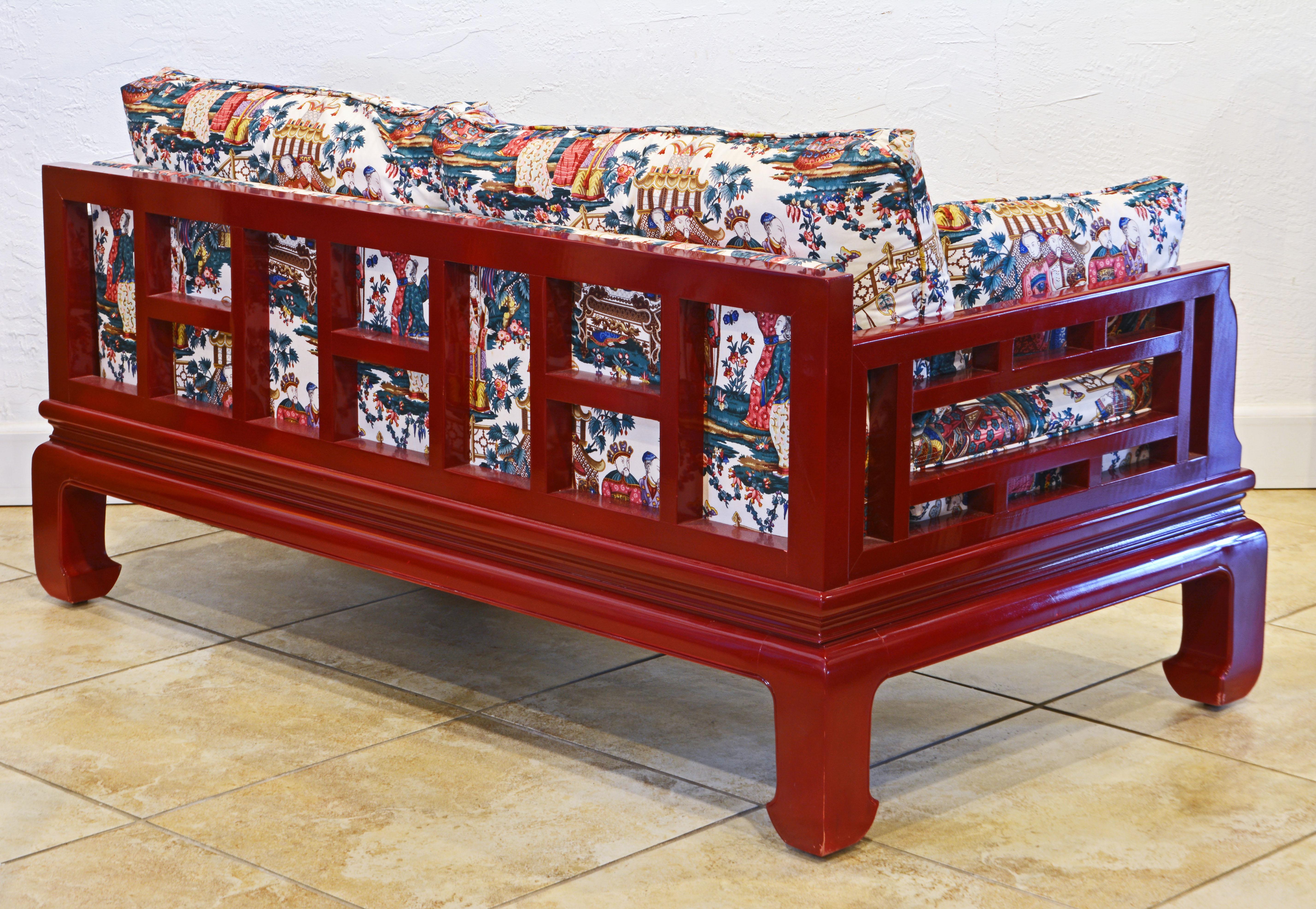 Ming Style Red Lacquered Hardwood Sofa with Exquisite Upholstery and Fabric In Good Condition In Ft. Lauderdale, FL