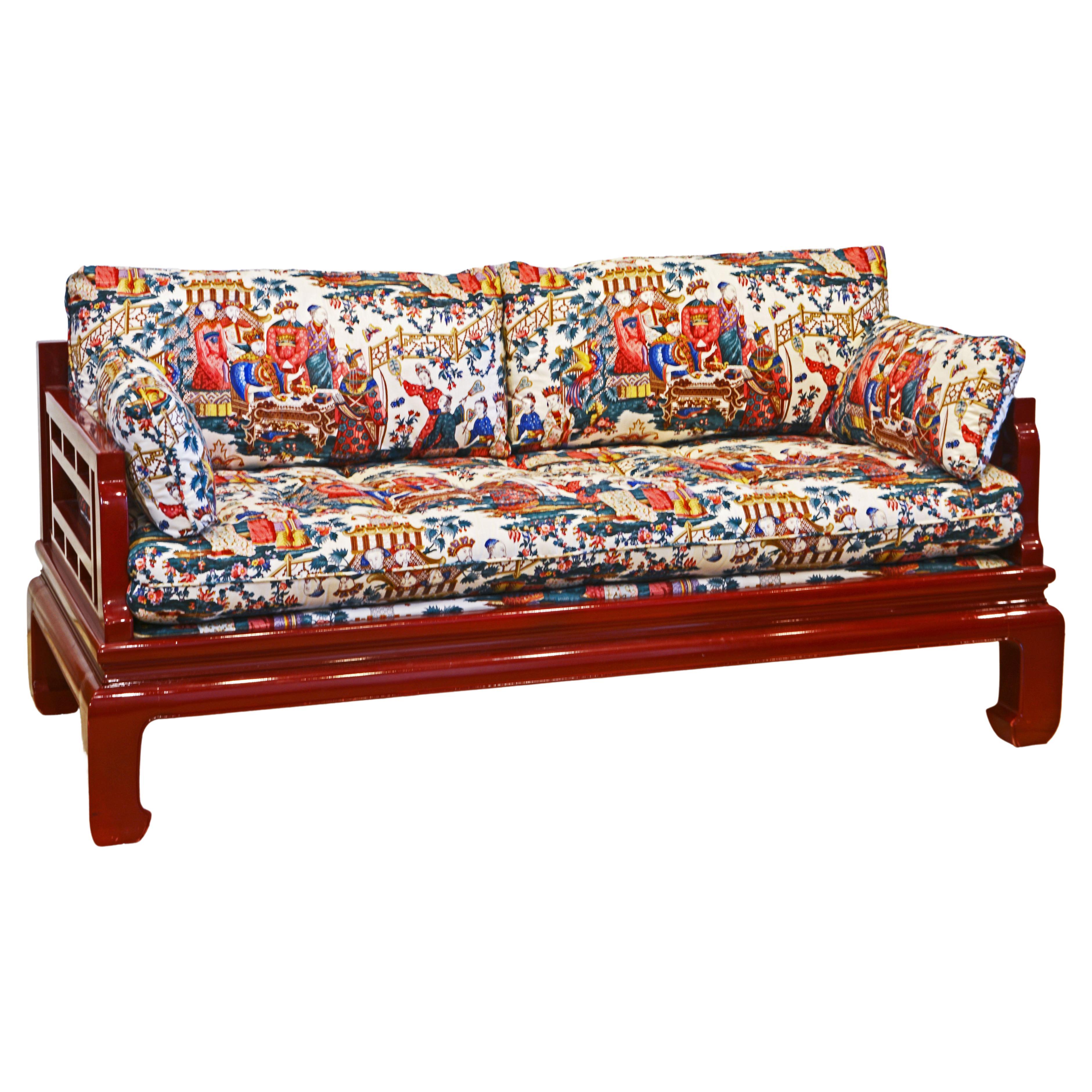 Ming Style Red Lacquered Hardwood Sofa with Exquisite Upholstery and Fabric