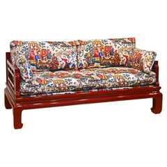 Ming Style Red Lacquered Hardwood Sofa with Exquisite Upholstery and Fabric
