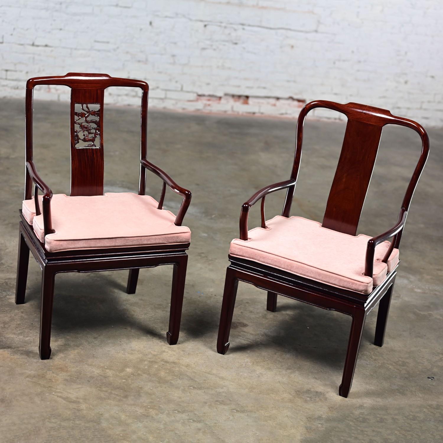 Ming Style Rosewood Armchairs w/Pink Velvet Seat Cushions Made in China a Pair For Sale 7