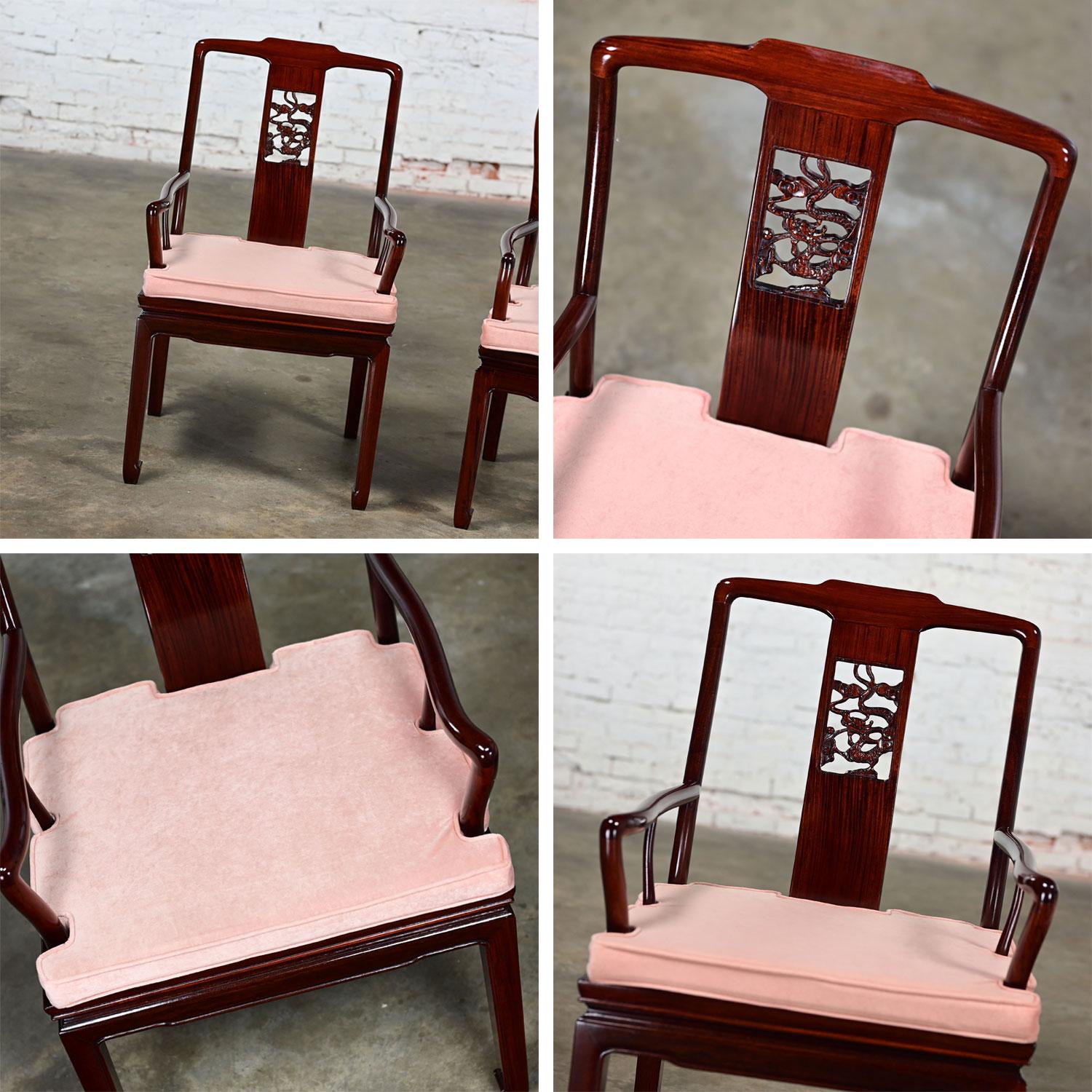 Ming Style Rosewood Armchairs w/Pink Velvet Seat Cushions Made in China a Pair For Sale 9