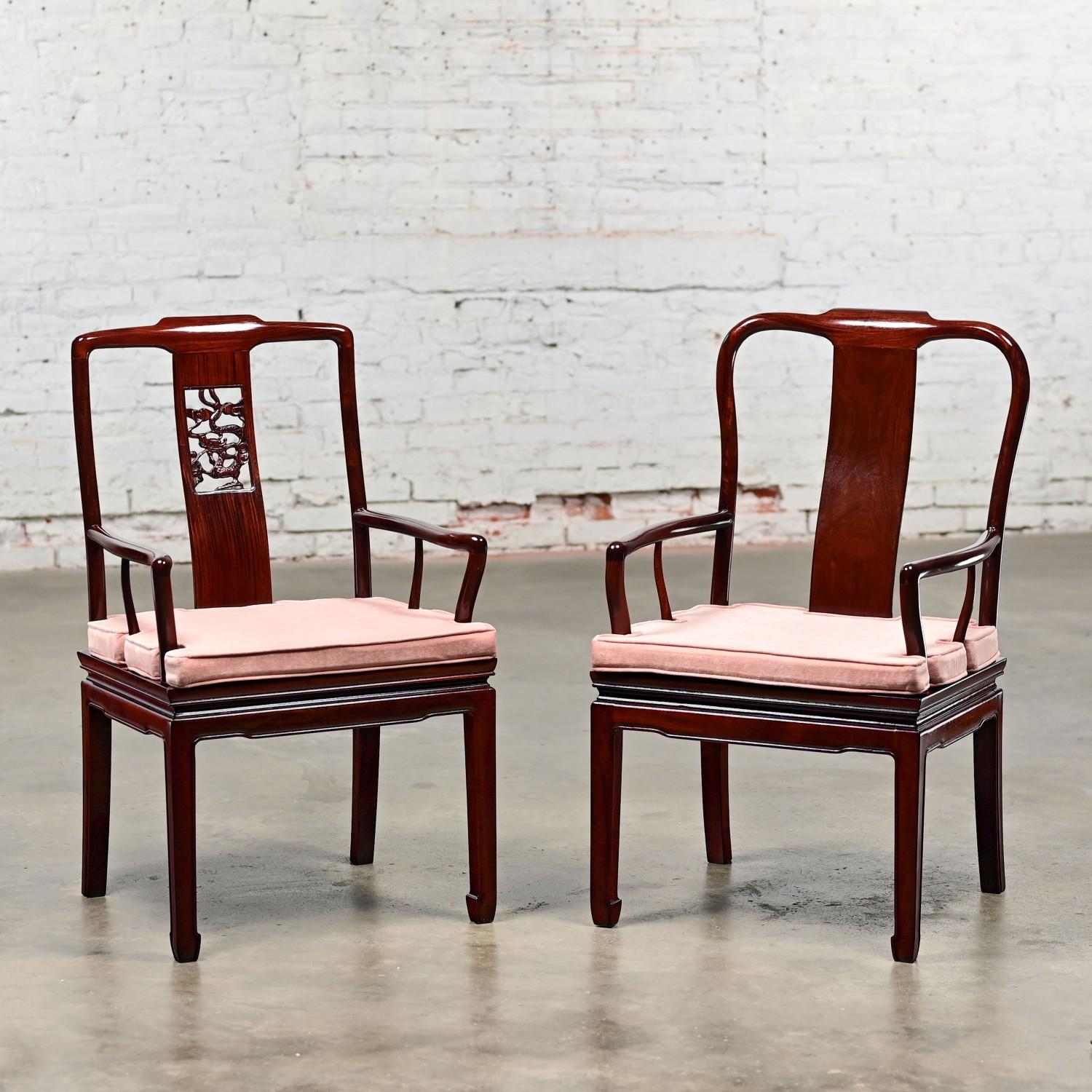 Ming Style Rosewood Armchairs w/Pink Velvet Seat Cushions Made in China a Pair For Sale 14