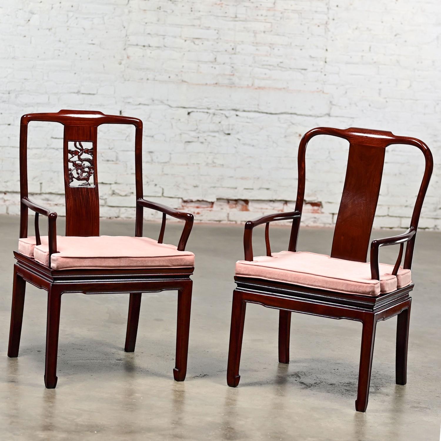 Chinese Ming Style Rosewood Armchairs w/Pink Velvet Seat Cushions Made in China a Pair For Sale