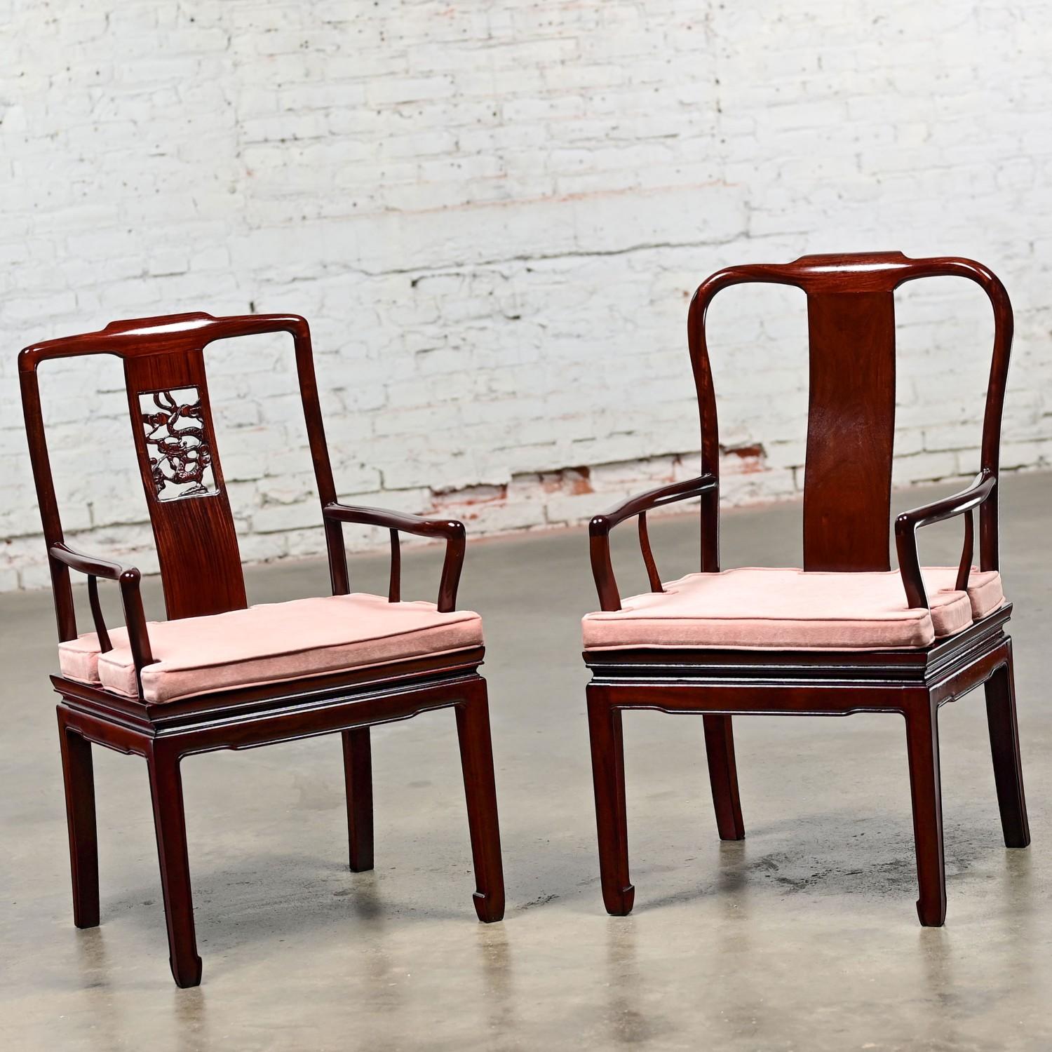 Ming Style Rosewood Armchairs w/Pink Velvet Seat Cushions Made in China a Pair In Good Condition For Sale In Topeka, KS