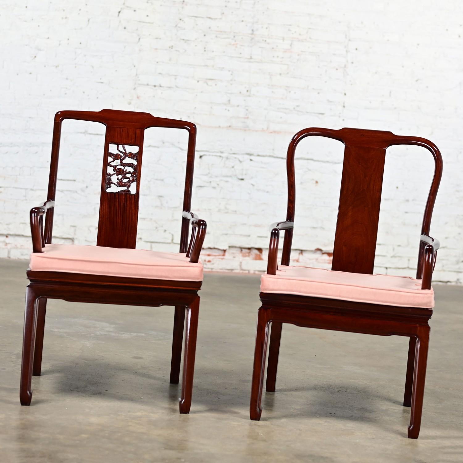 20th Century Ming Style Rosewood Armchairs w/Pink Velvet Seat Cushions Made in China a Pair For Sale