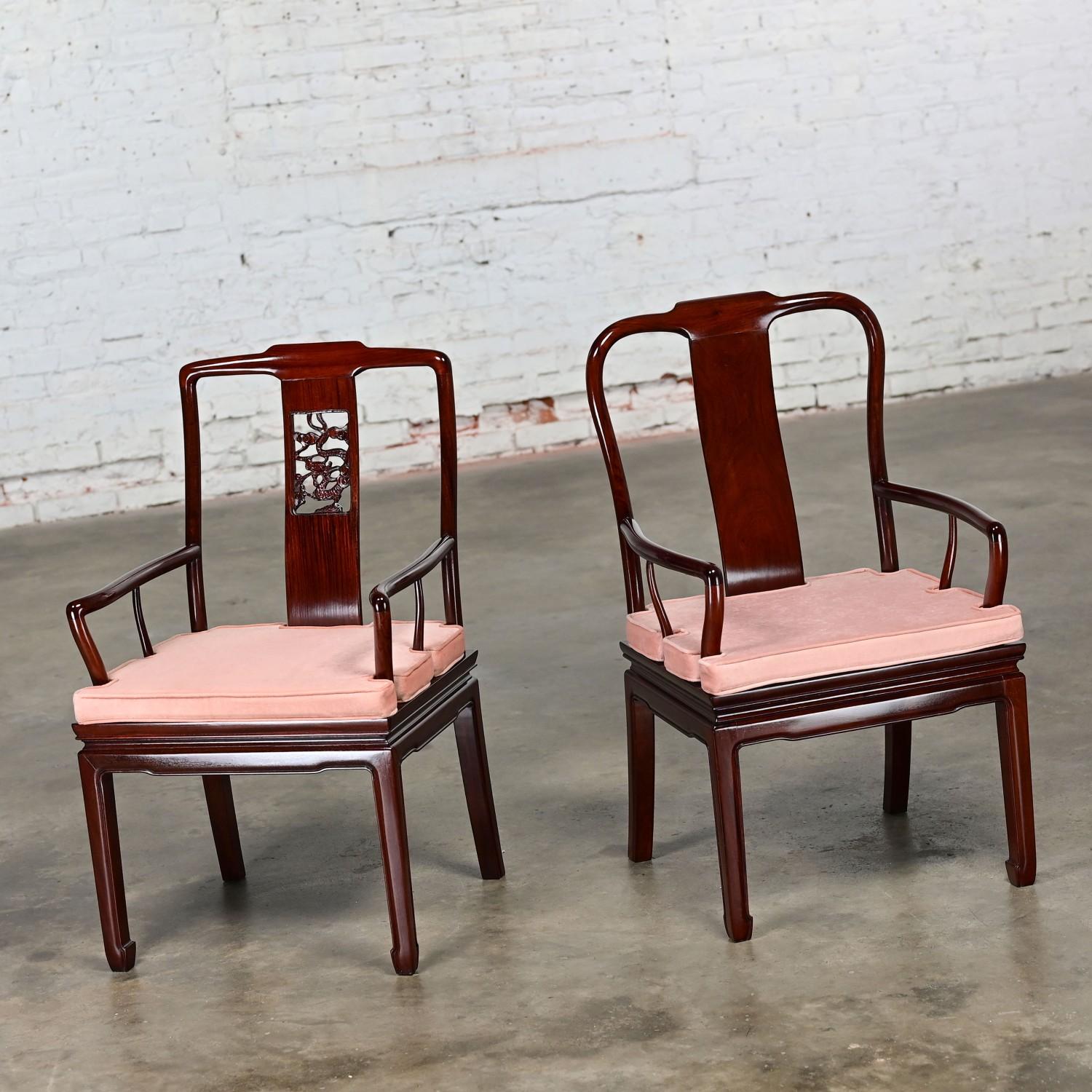 Ming Style Rosewood Armchairs w/Pink Velvet Seat Cushions Made in China a Pair For Sale 1