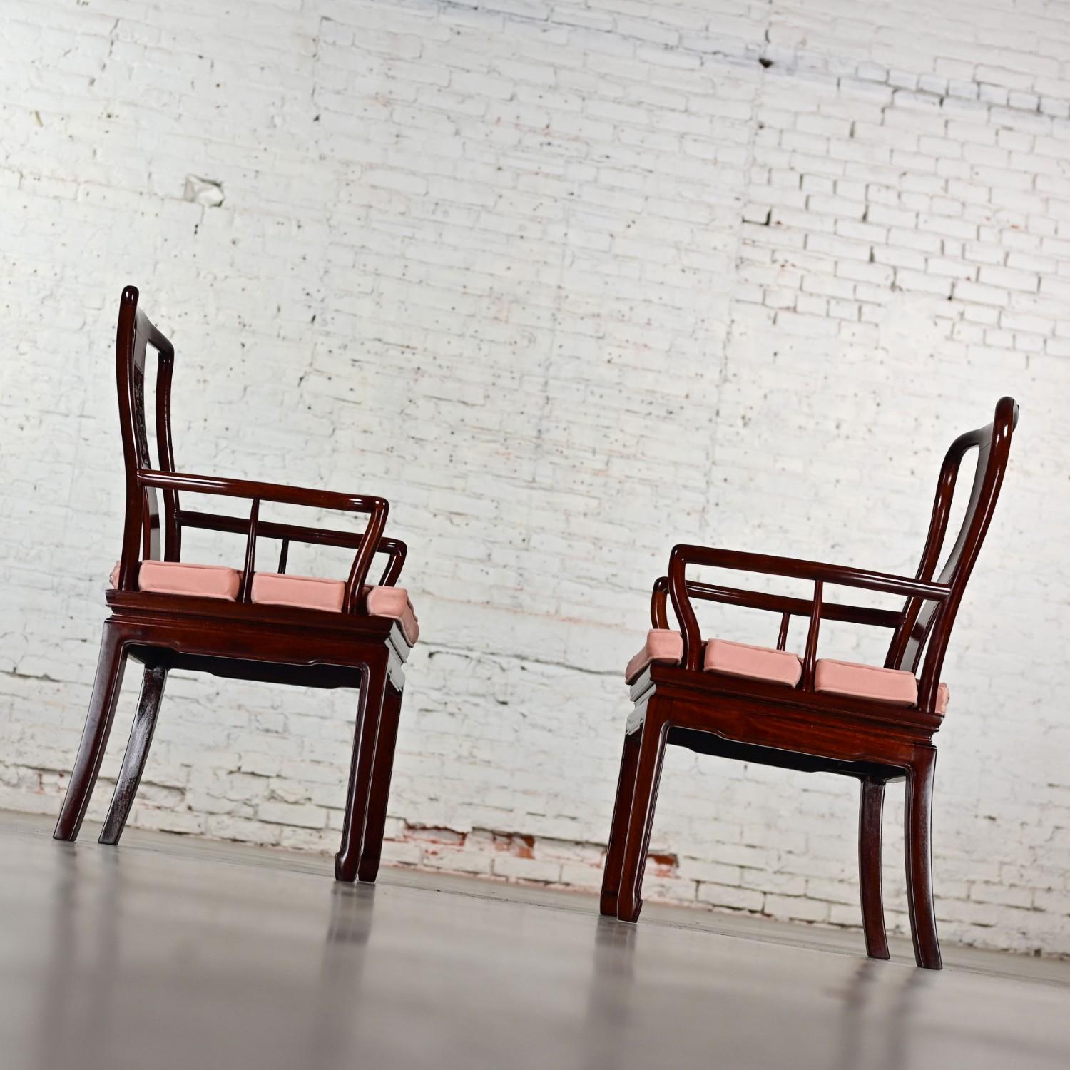 Ming Style Rosewood Armchairs w/Pink Velvet Seat Cushions Made in China a Pair For Sale 2