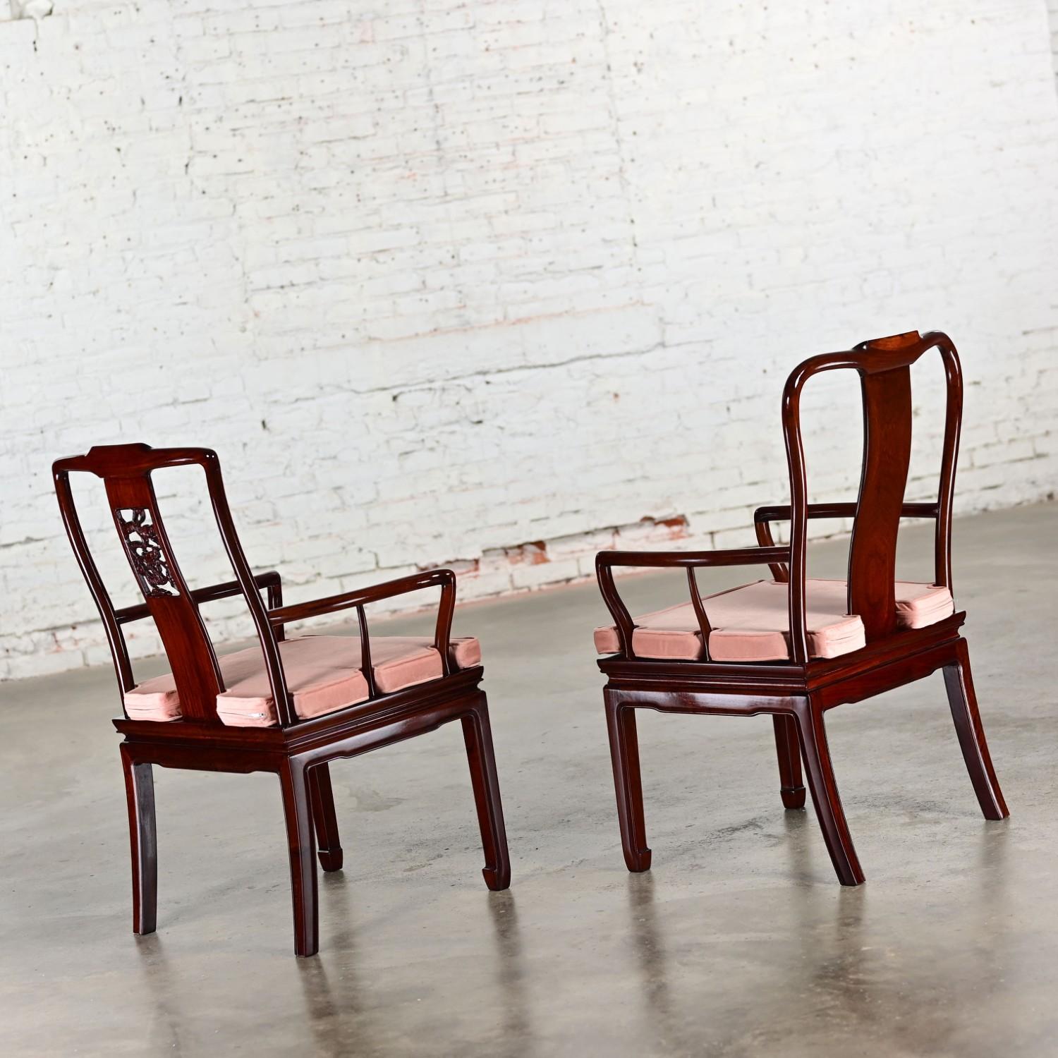 Ming Style Rosewood Armchairs w/Pink Velvet Seat Cushions Made in China a Pair For Sale 3
