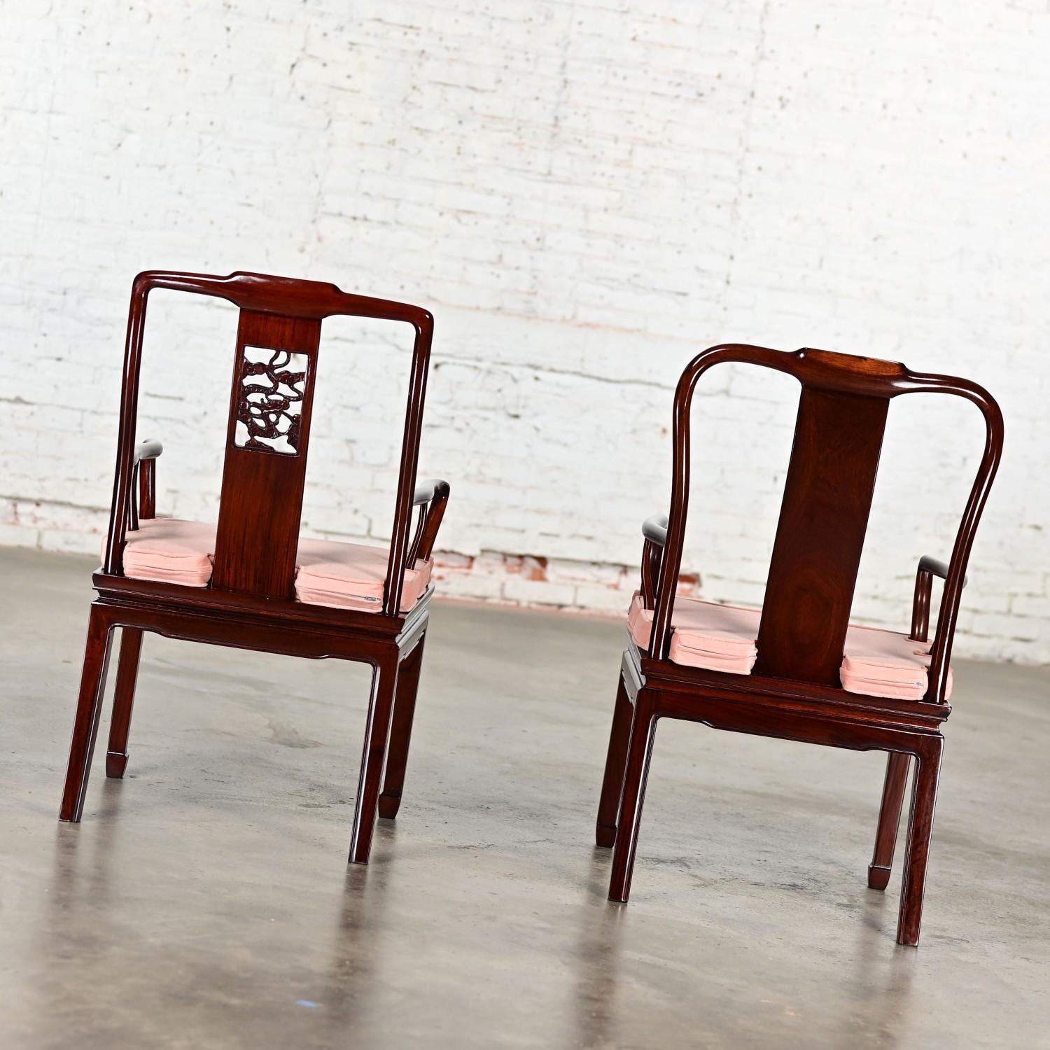 Ming Style Rosewood Armchairs w/Pink Velvet Seat Cushions Made in China a Pair For Sale 4