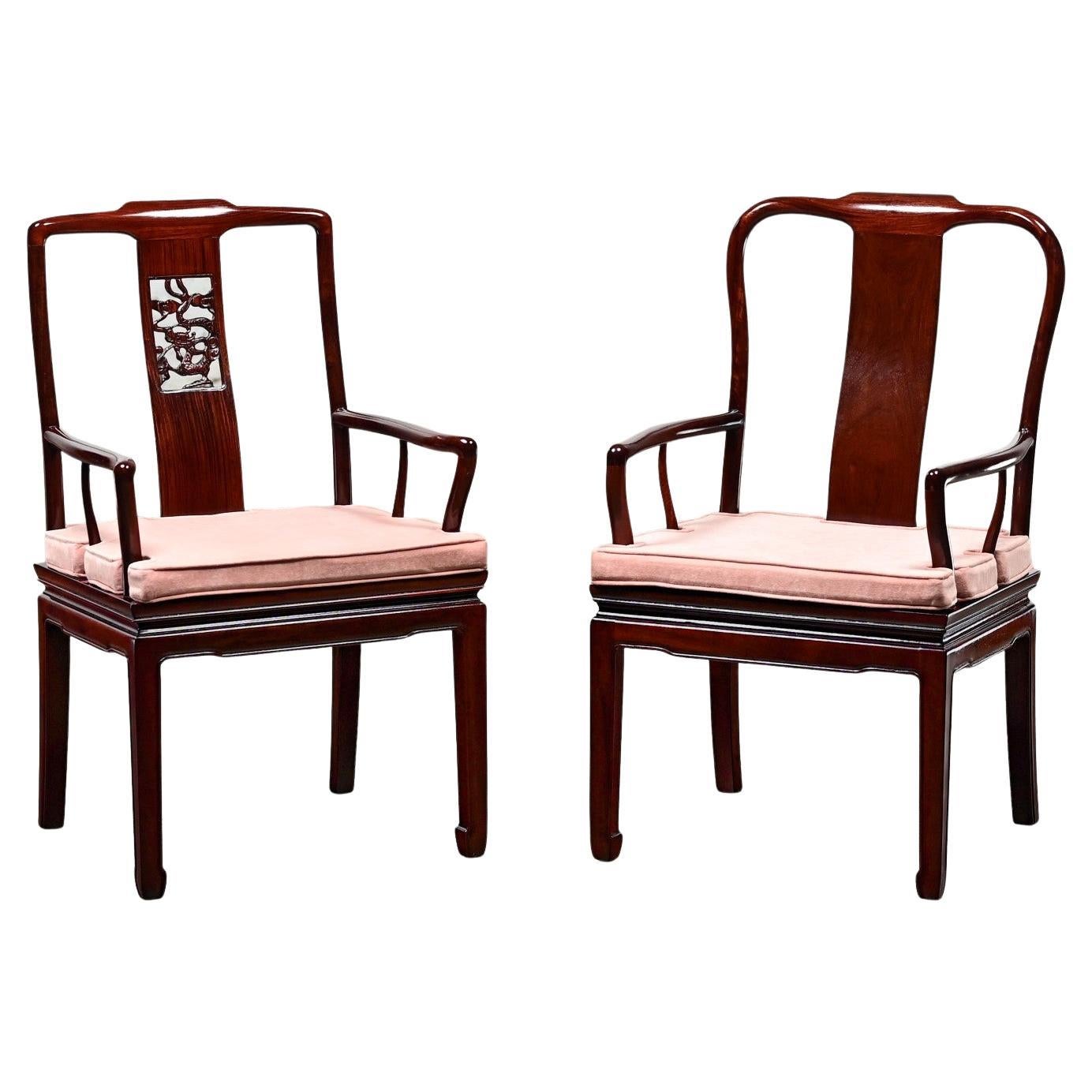 Ming Style Rosewood Armchairs w/Pink Velvet Seat Cushions Made in China a Pair For Sale