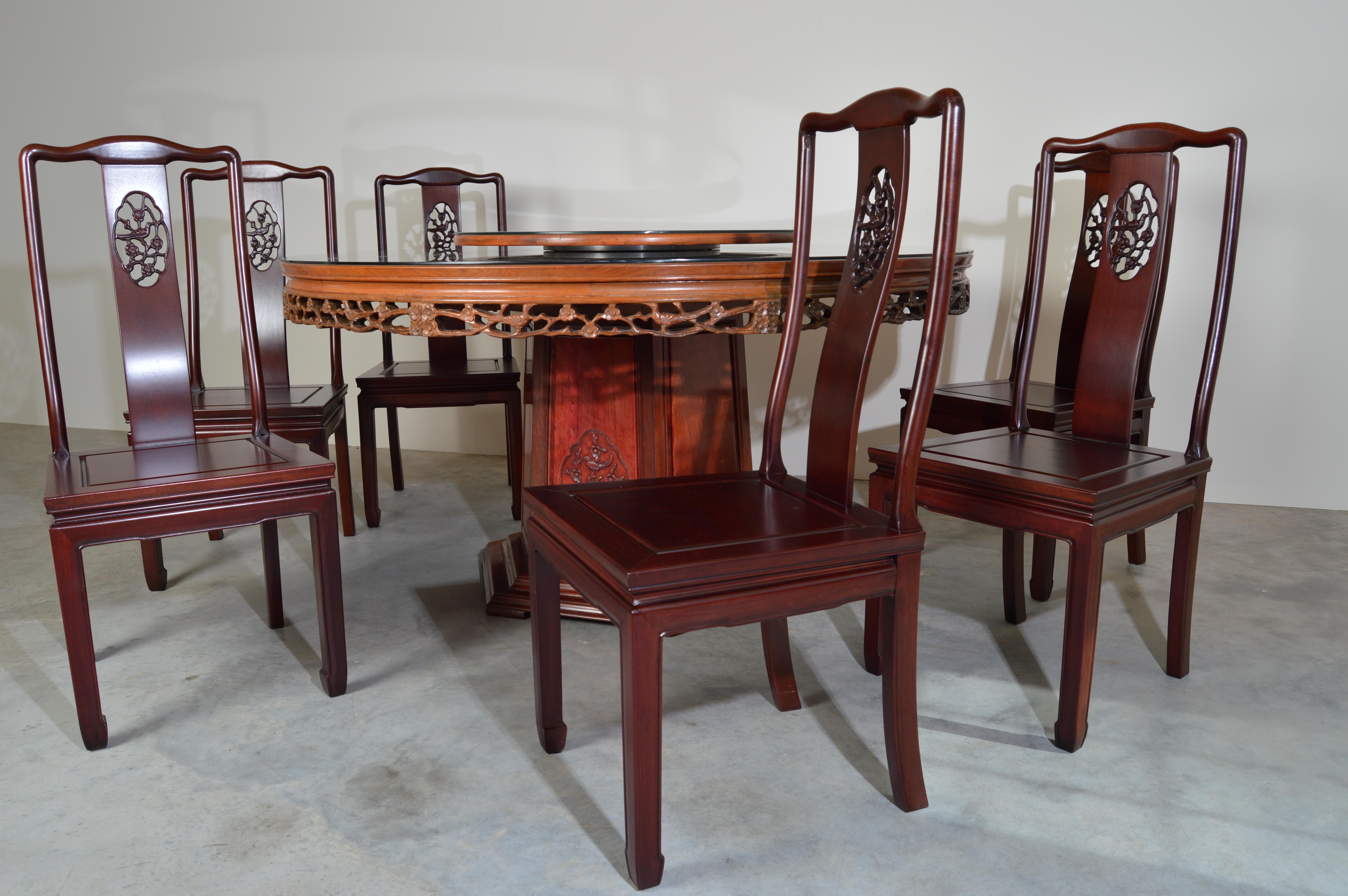 Hand-Carved Ming Style Traditional Chinese 8 Piece Honey Rosewood Dining Set-Hand Carved