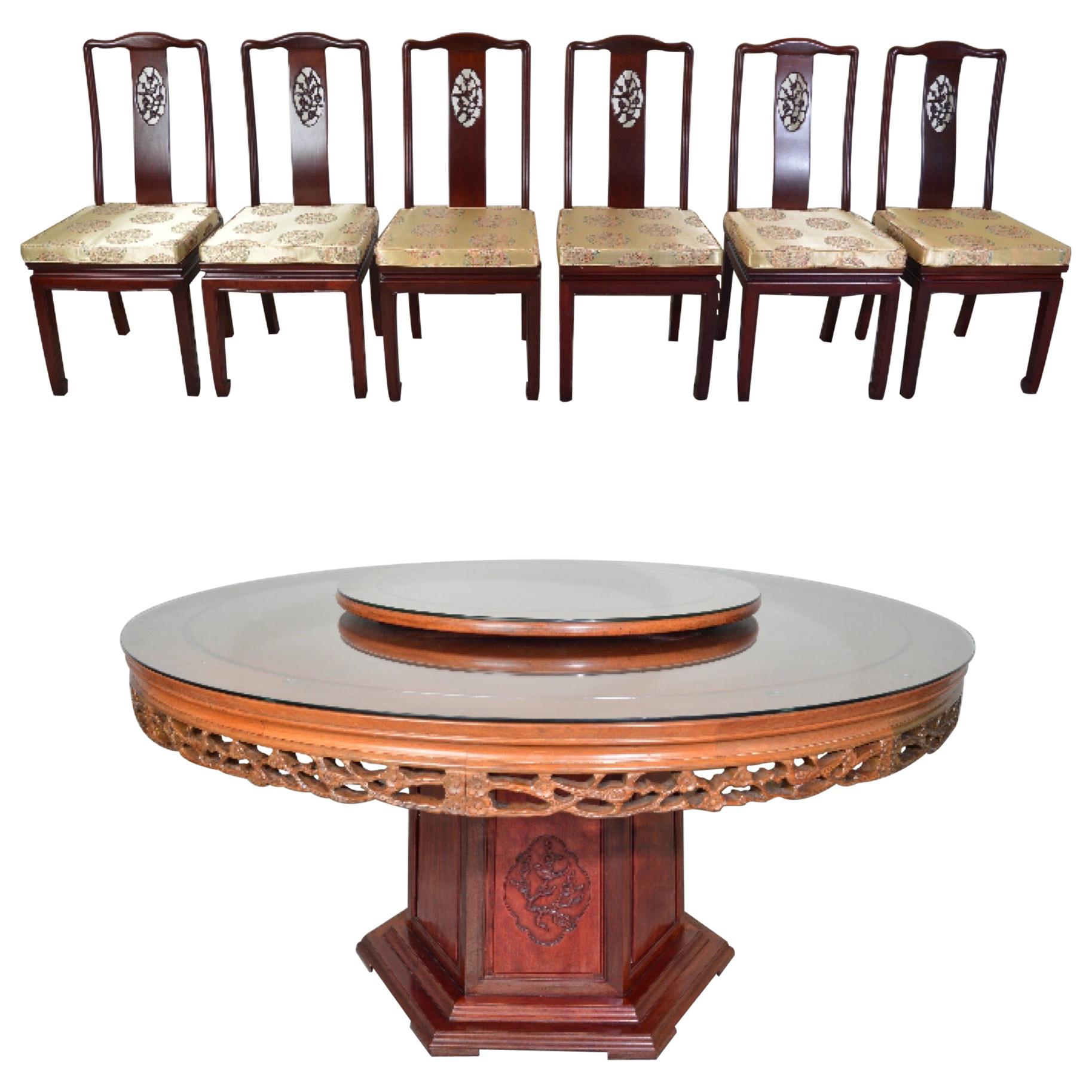 Ming Style Traditional Chinese 8 Piece Honey Rosewood Dining Set-Hand Carved