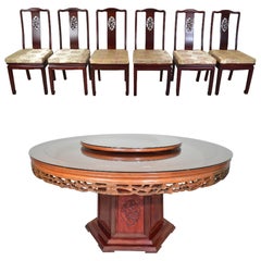 Vintage Ming Style Traditional Chinese 8 Piece Honey Rosewood Dining Set-Hand Carved