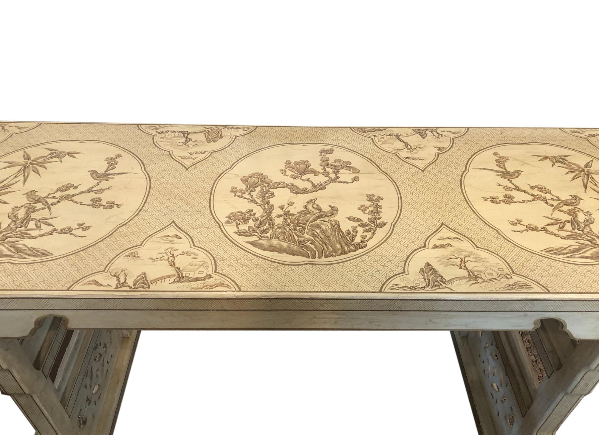 Drexel heritage chinoiserie console table sofa table. Hand painted design of birds and flowers. Drexel Ming Treasures in excellent condition, 1980s. The table is 70