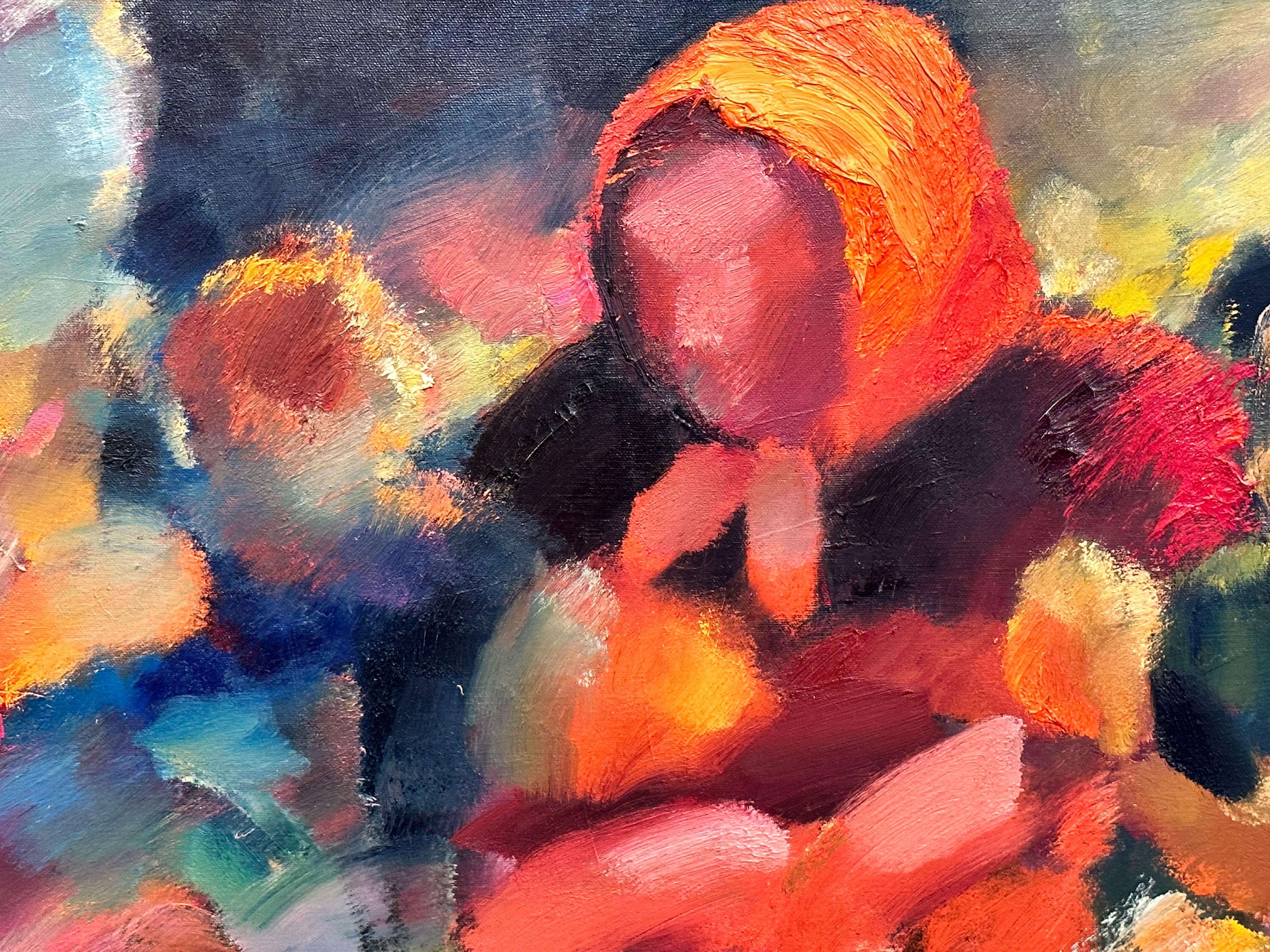 Ming Ming è un pittore cinese Asian Modern & Contemporary nato nel 1938. In questo colorato dipinto astratto, le donne sono riunite in cerchio e giocano d'azzardo e scommettono. L'amore di Ming Ming per l'arte fiorì e sviluppò le sue tecniche di