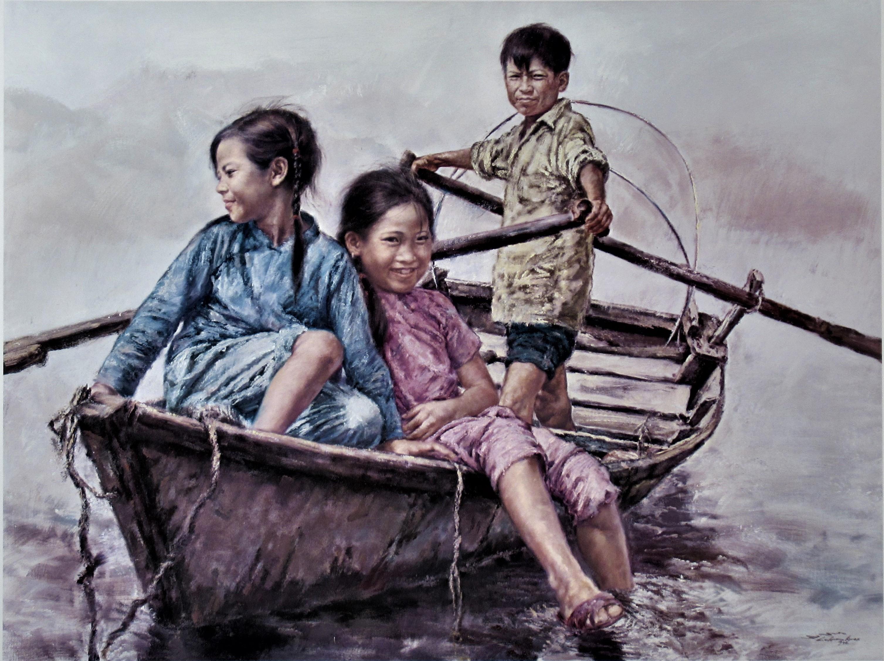 Children in a Boat - Print by Wai Ming (aka Lo Hing Kwok)