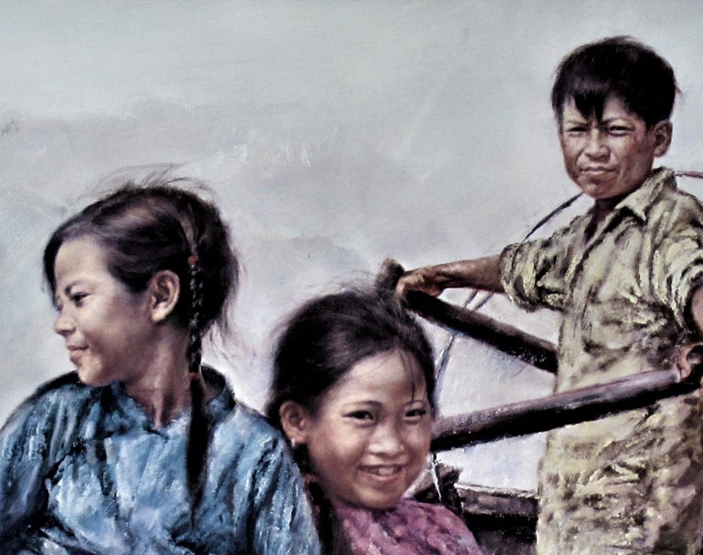 Kinder in einem Boot (Grau), Landscape Print, von Wai Ming (aka Lo Hing Kwok)