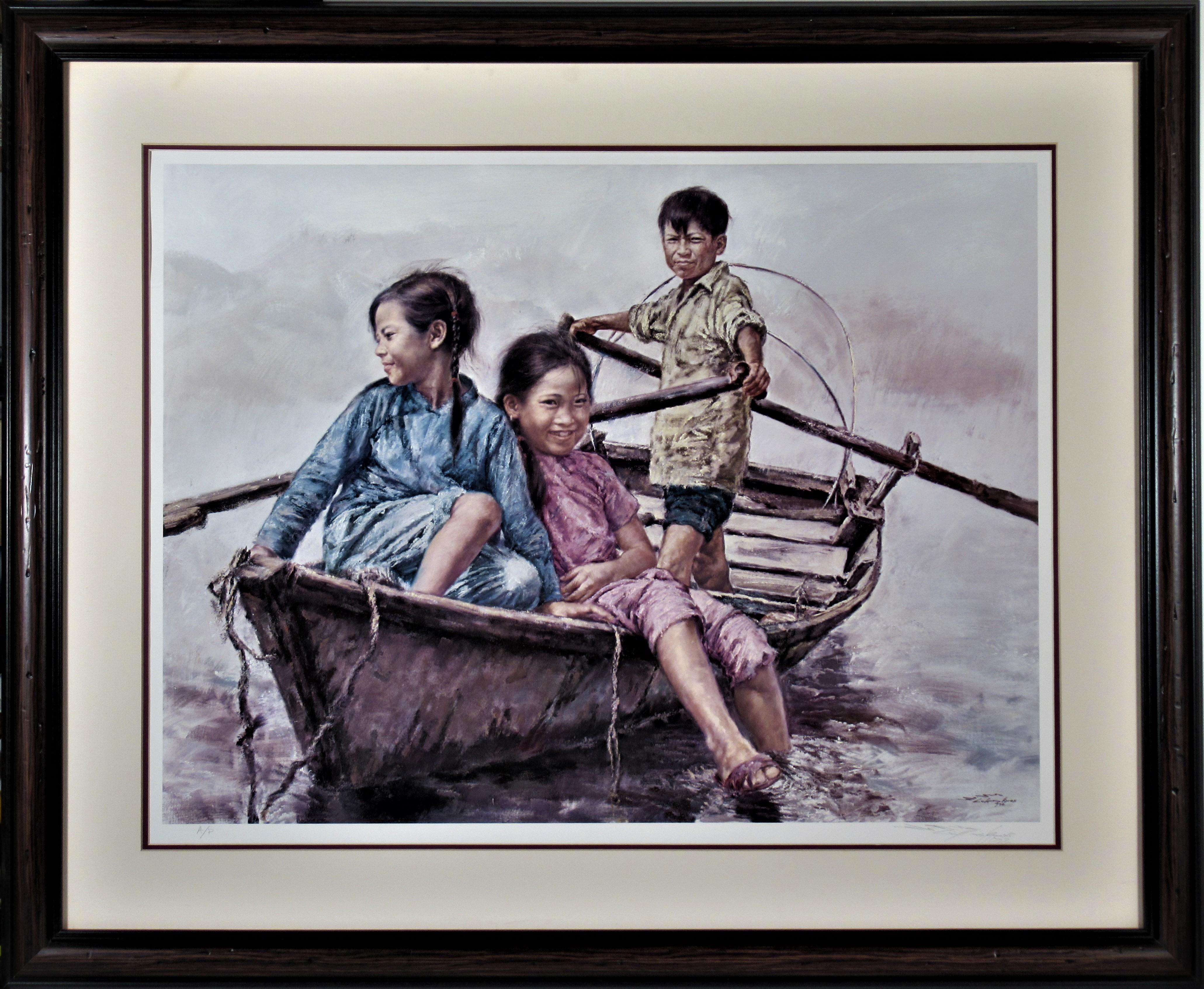 Wai Ming (aka Lo Hing Kwok) Landscape Print - Children in a Boat