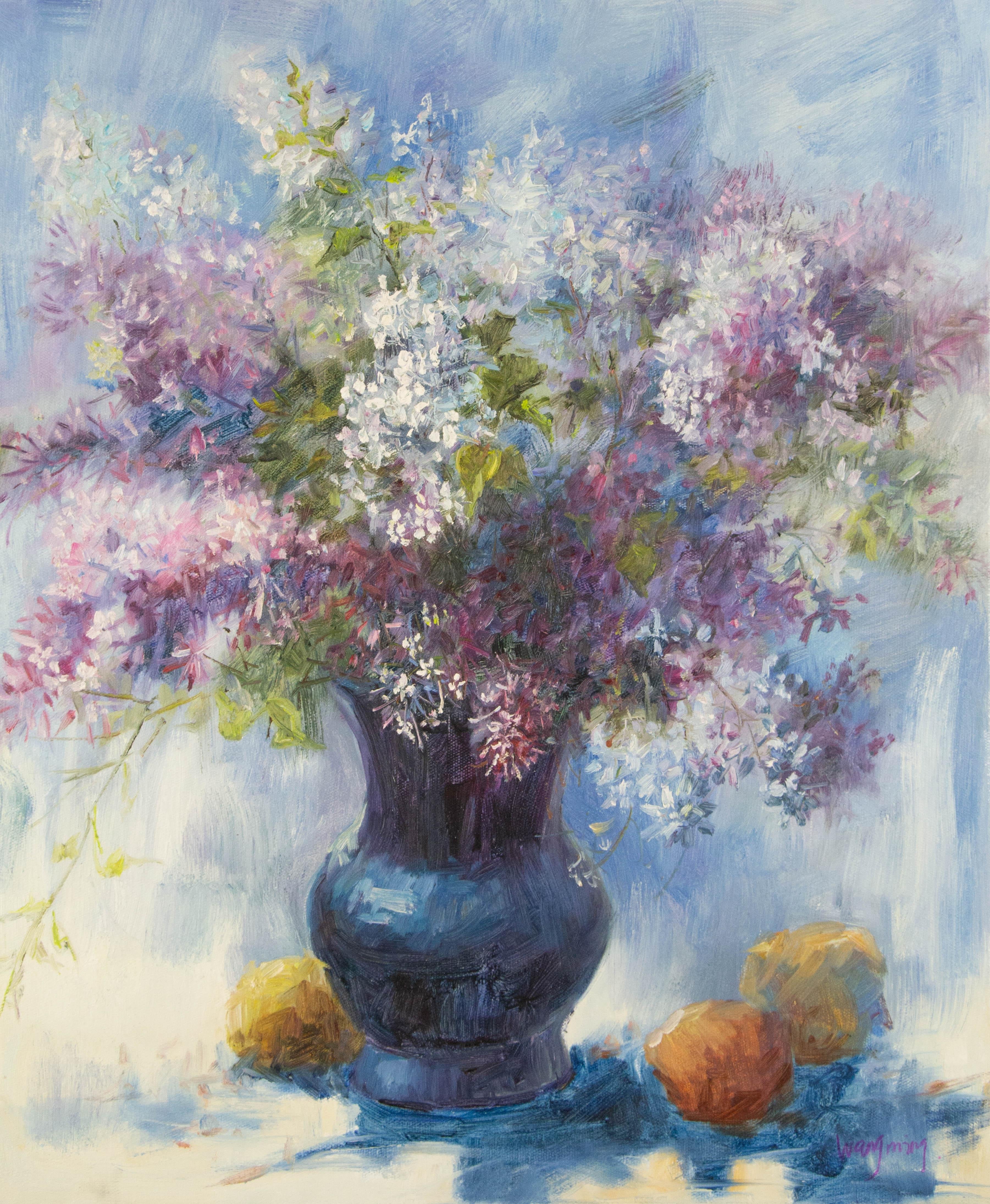  Title: Gentle Violet
 Medium: Oil on canvas
 Size: 23.5 x 19 inches
 Frame: Framing options available!
 Condition: The painting appears to be in excellent condition.
 Note: This painting is unstretched
 Year: 2015
 Artist: Ming Wang
 Signature: