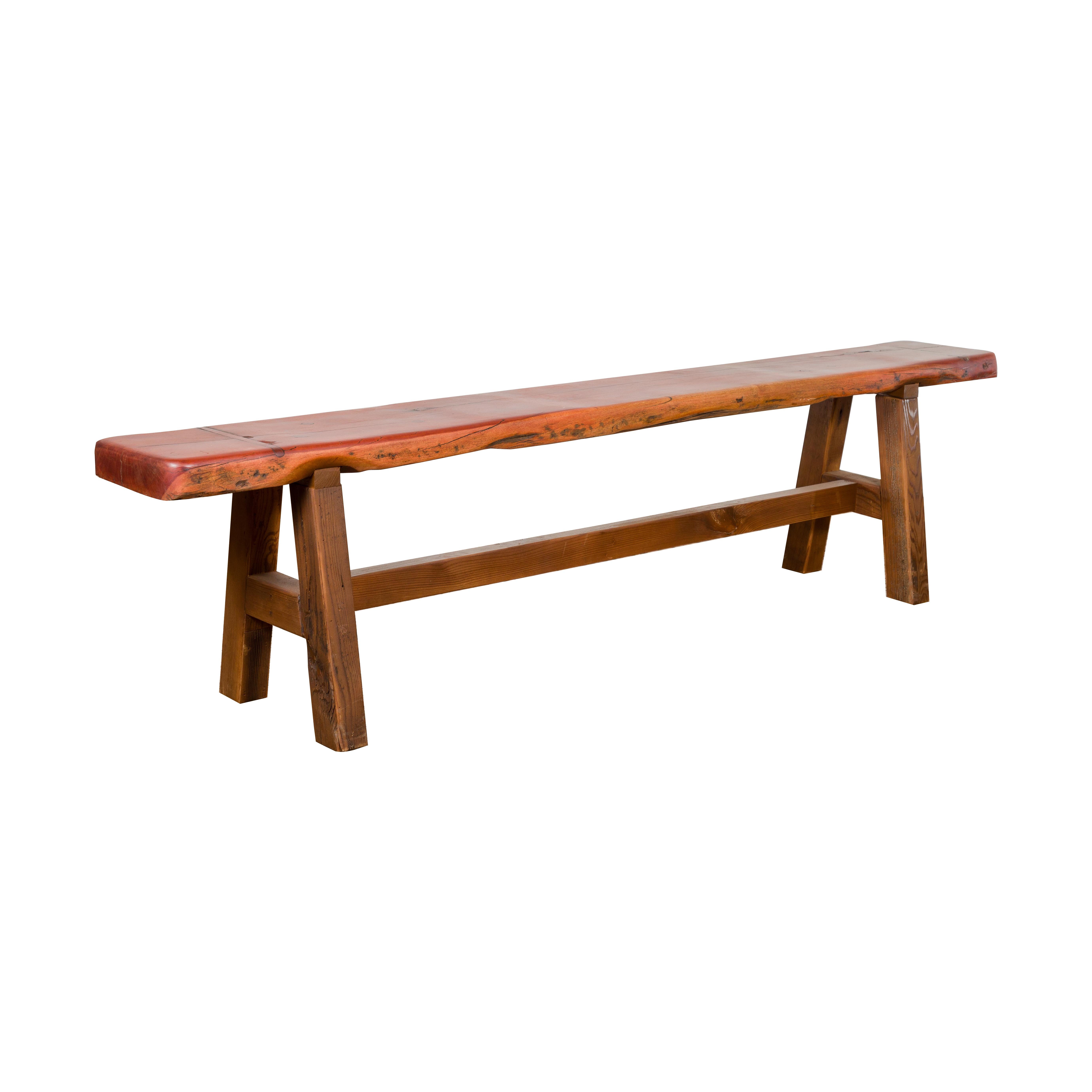 Mingei Style Rustic A-Frame Wooden Bench Made of Railroad Ties with Stretcher For Sale 10
